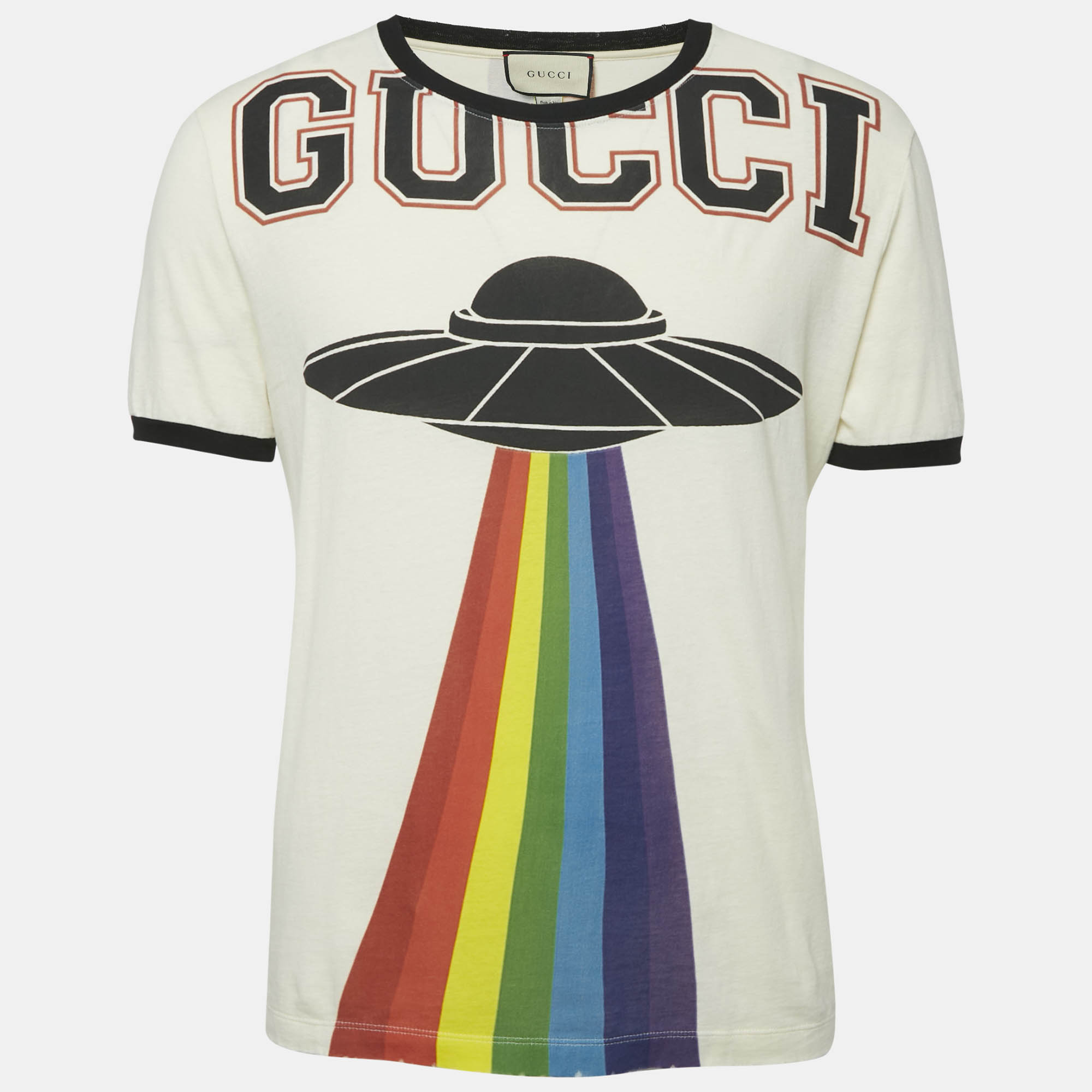 

Gucci Cream UFO Print Cotton Distressed Crew Neck T-Shirt S