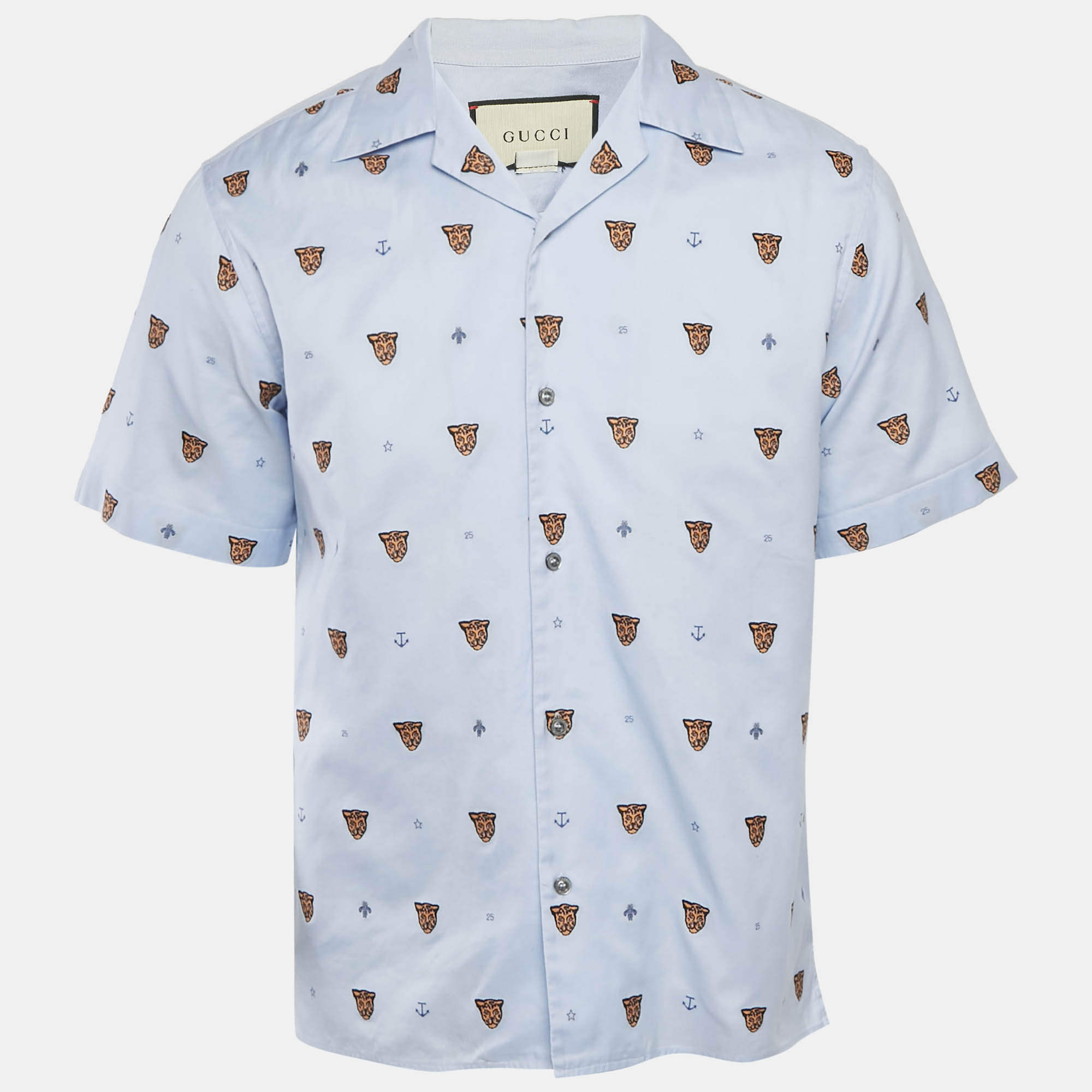 

Gucci Blue Tiger Embroidered Cotton Bowling Shirt S