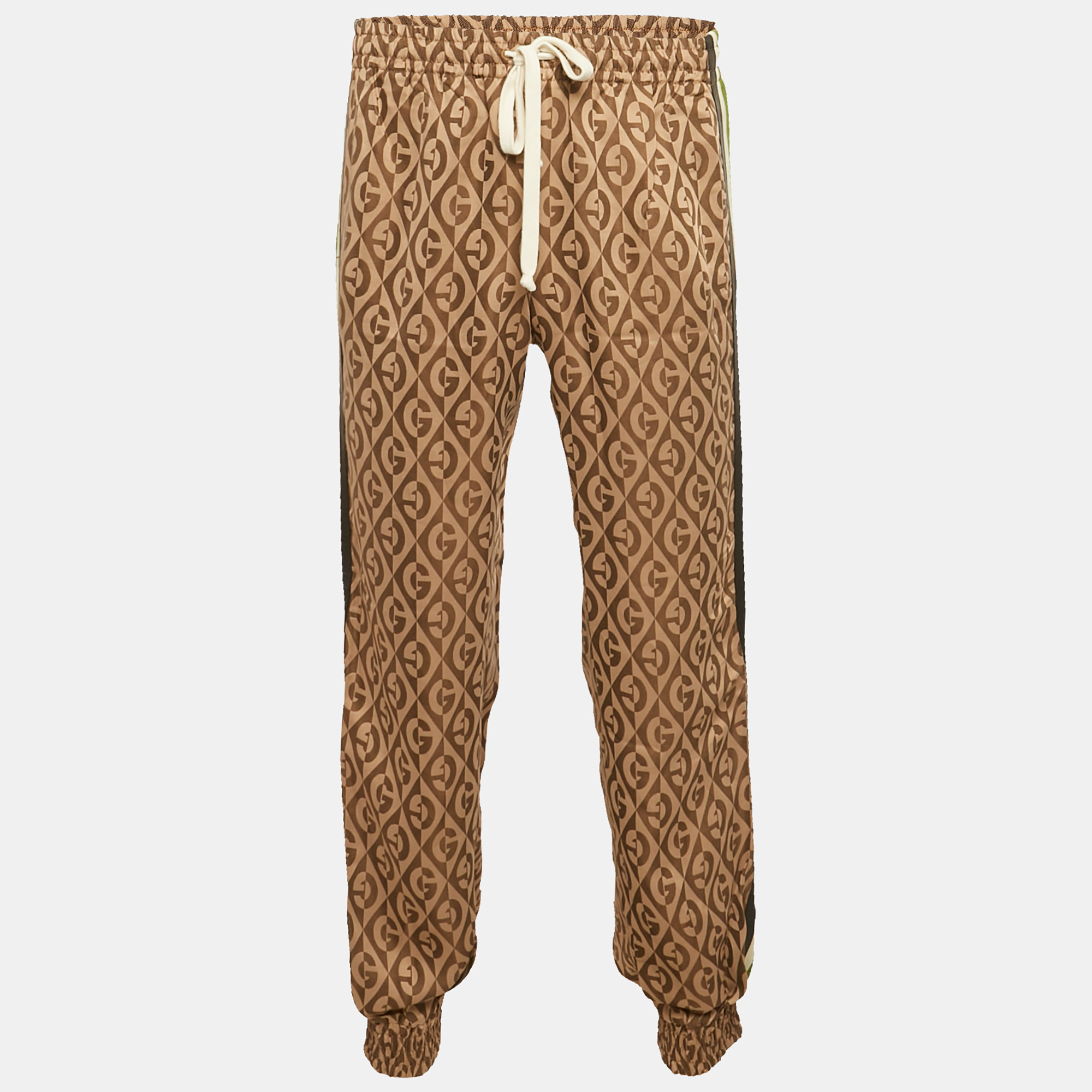 Pre-owned Gucci Brown Leather Trim Jacquard Track Pants M