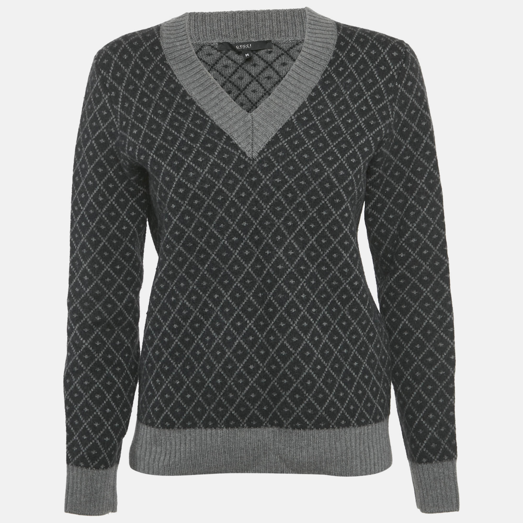 

Gucci Black/Grey Diamante Wool Knit V-Neck Sweater M