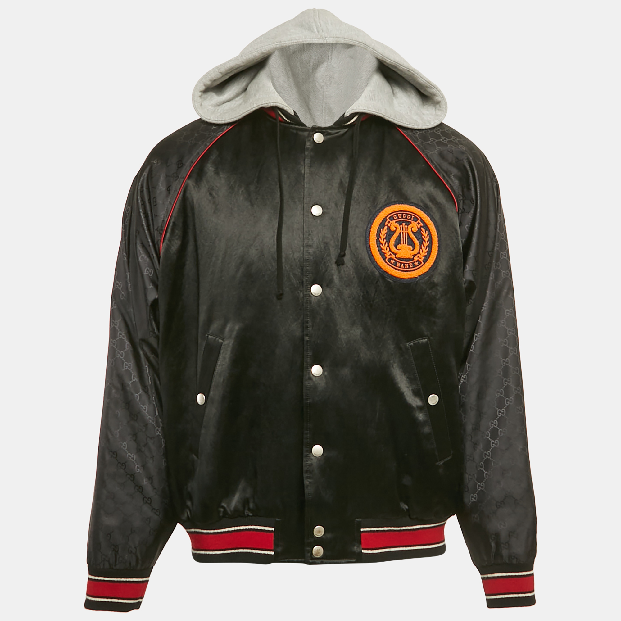 Pre-owned Gucci Multicolor Gg Nylon And Satin Web Accent Zip Front Hooded Jacket S In Black