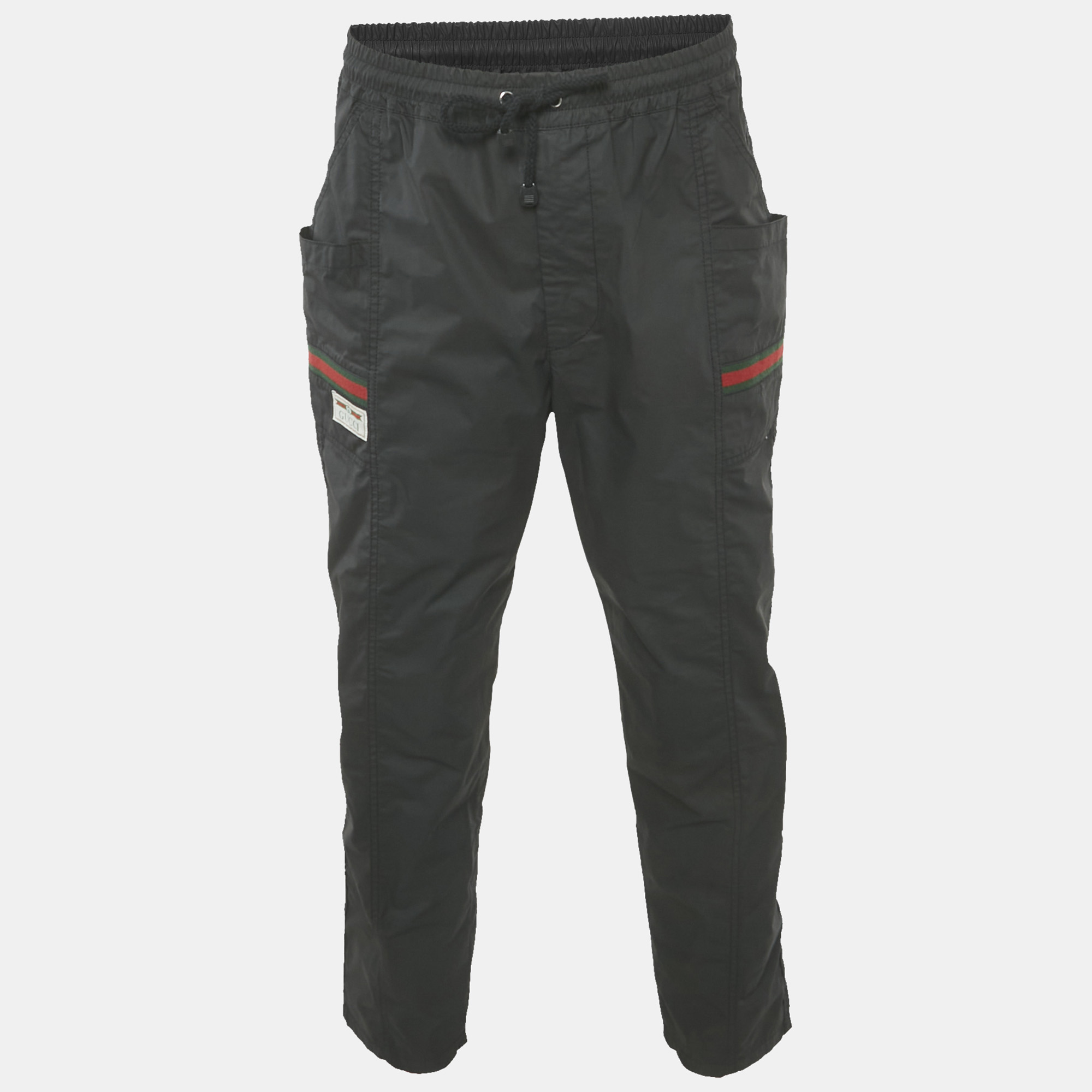 Pre-owned Gucci Black Web Trim Cotton Jogger Pants L