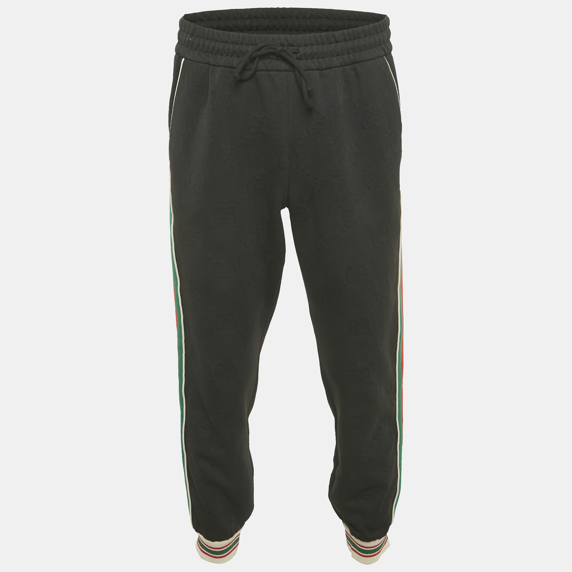 Pre-owned Gucci Black Gg Jacquard Knit Web Trim Jogger Trousers M