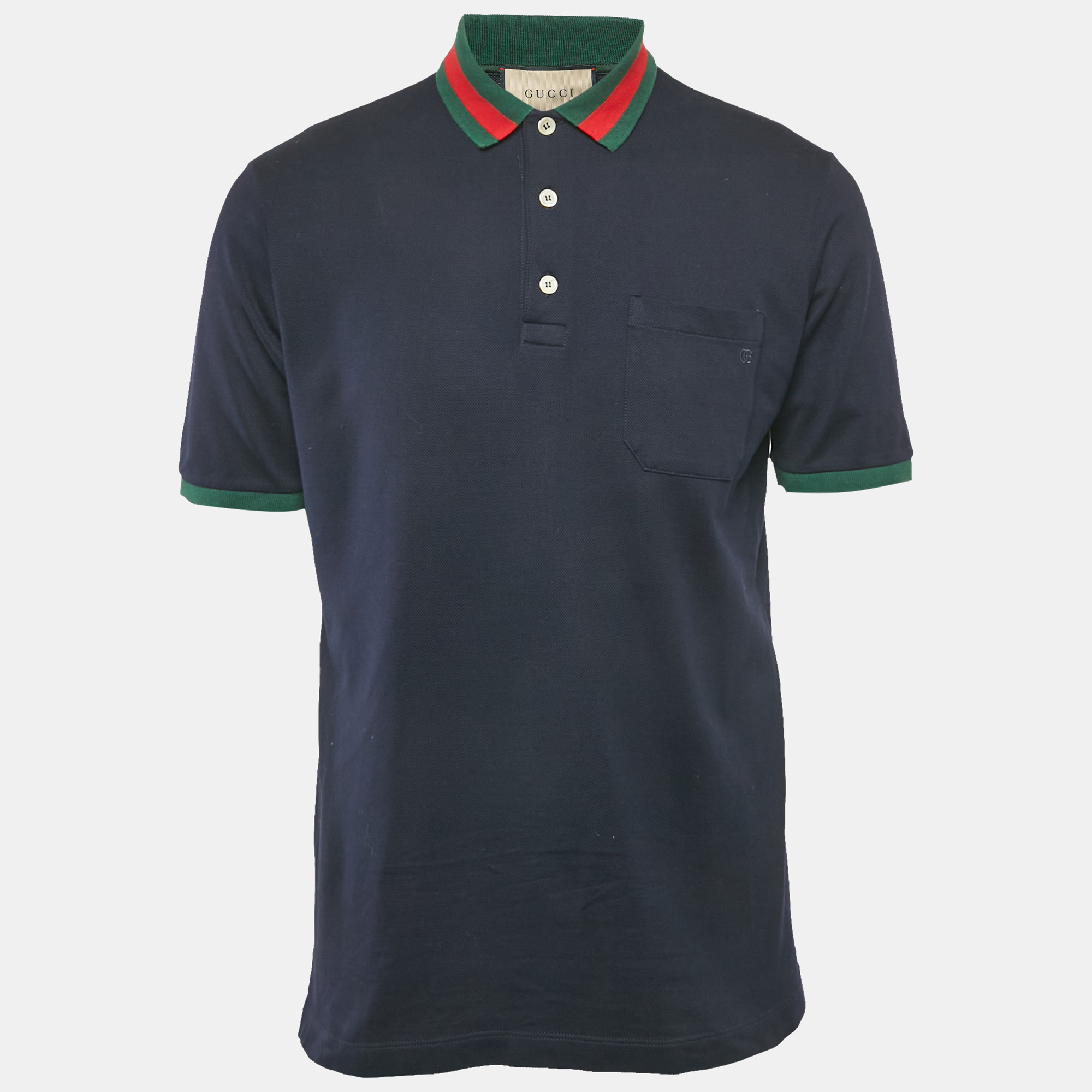 Gucci Navy Blue Web Collar Cotton Pique Polo T-Shirt S
