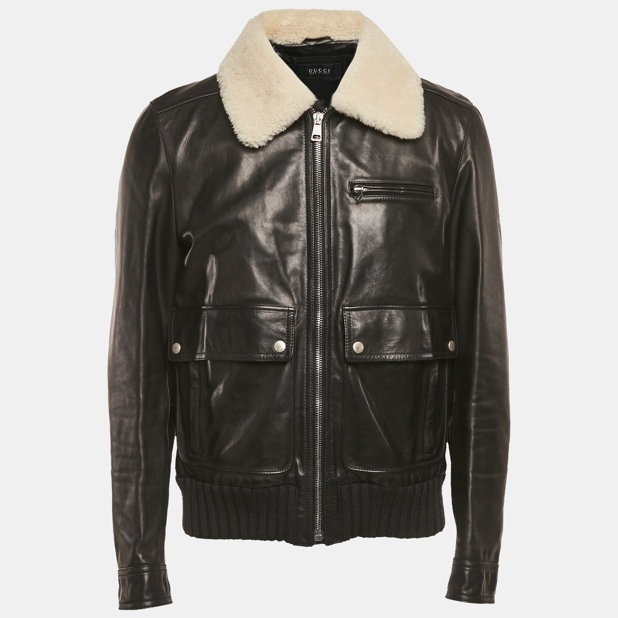 

Gucci Black Leather Shearling Bomber Jacket XL