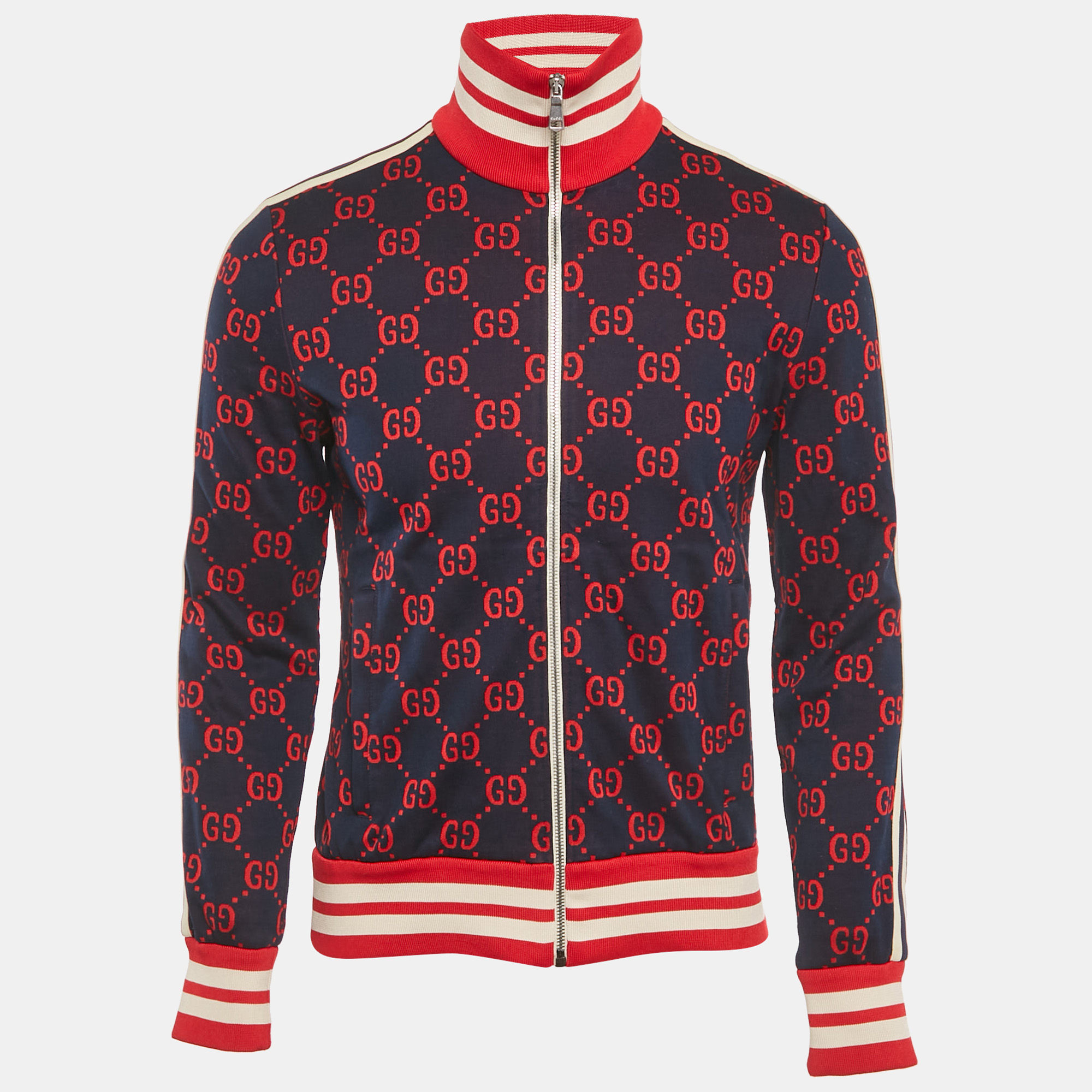 

Gucci Navy Blue GG Jacquard Cotton Knit Zip-Up Jacket S