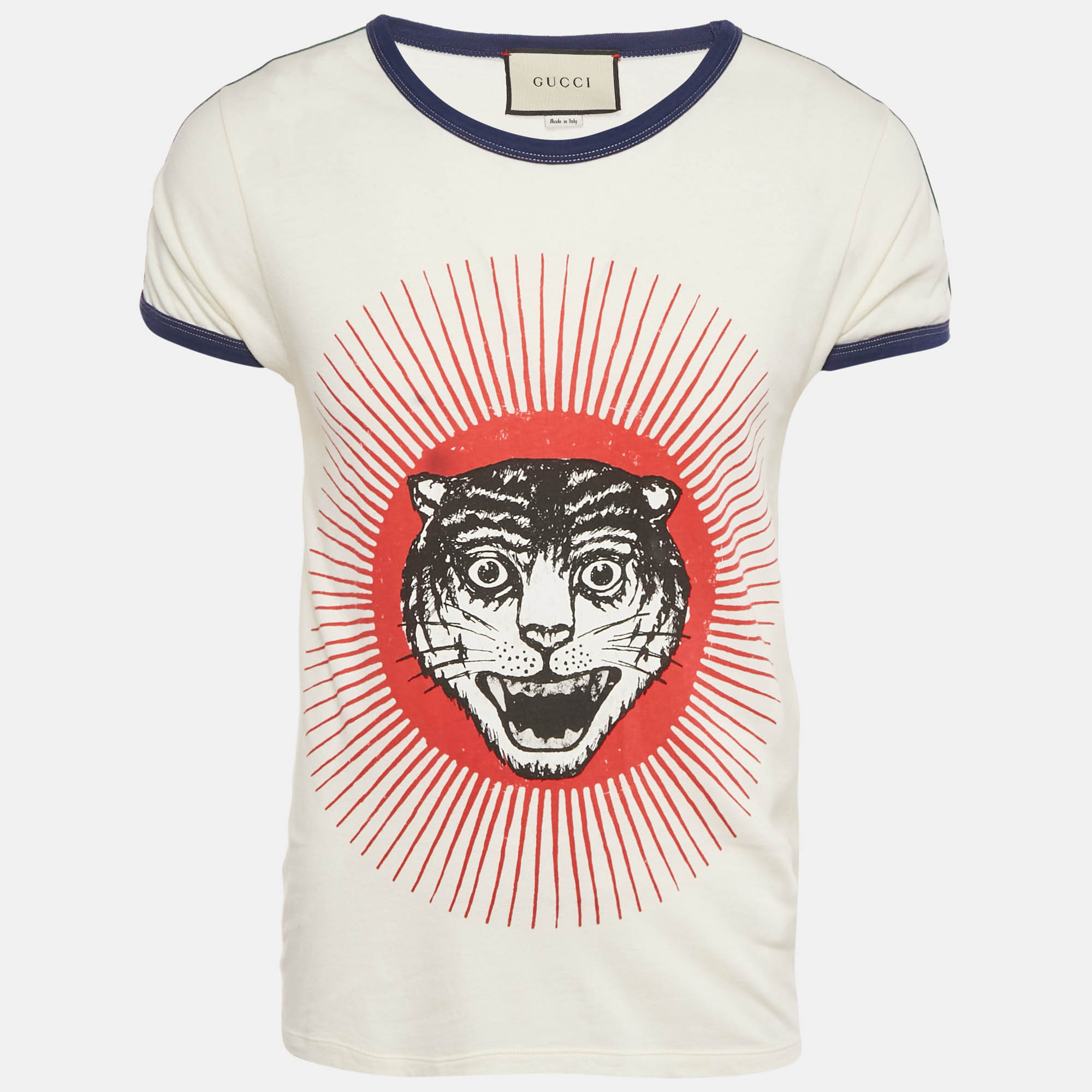 

Gucci Cream Tiger Print Jersey Web Trim T-Shirt S