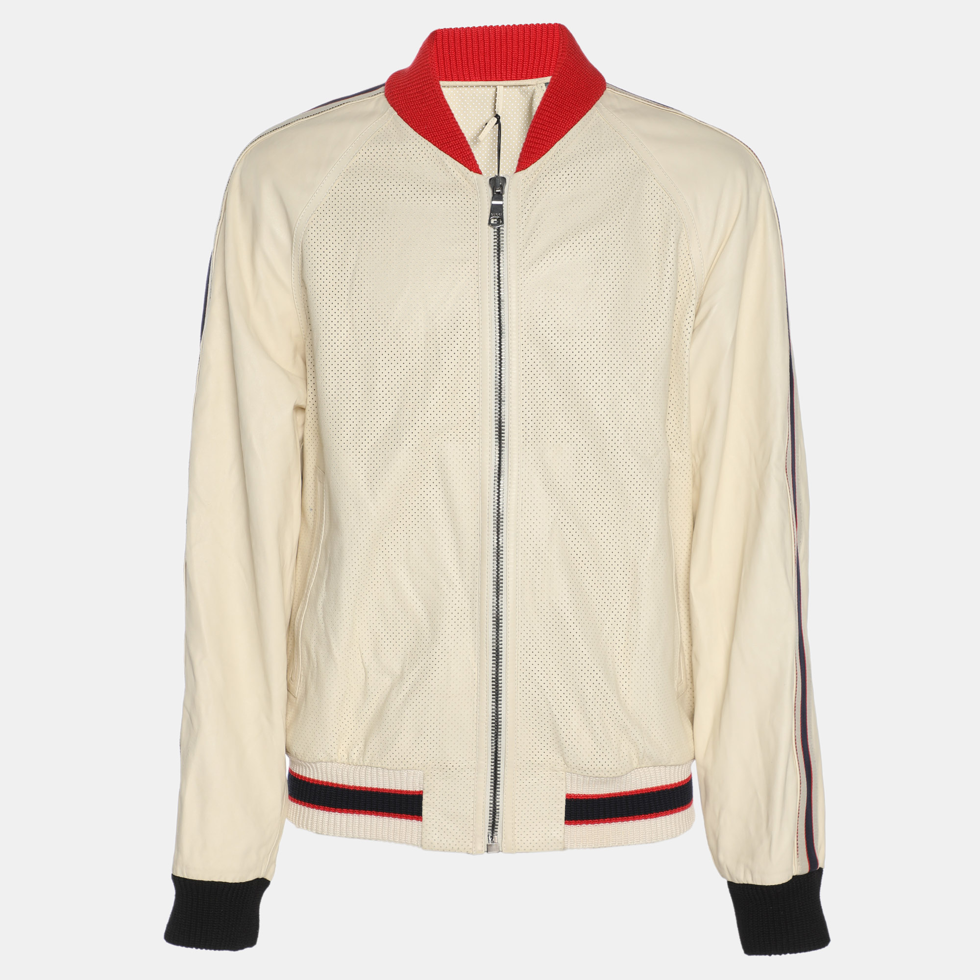 

Gucci Cream Perforated Leather Logo Print Bomber jacket XL