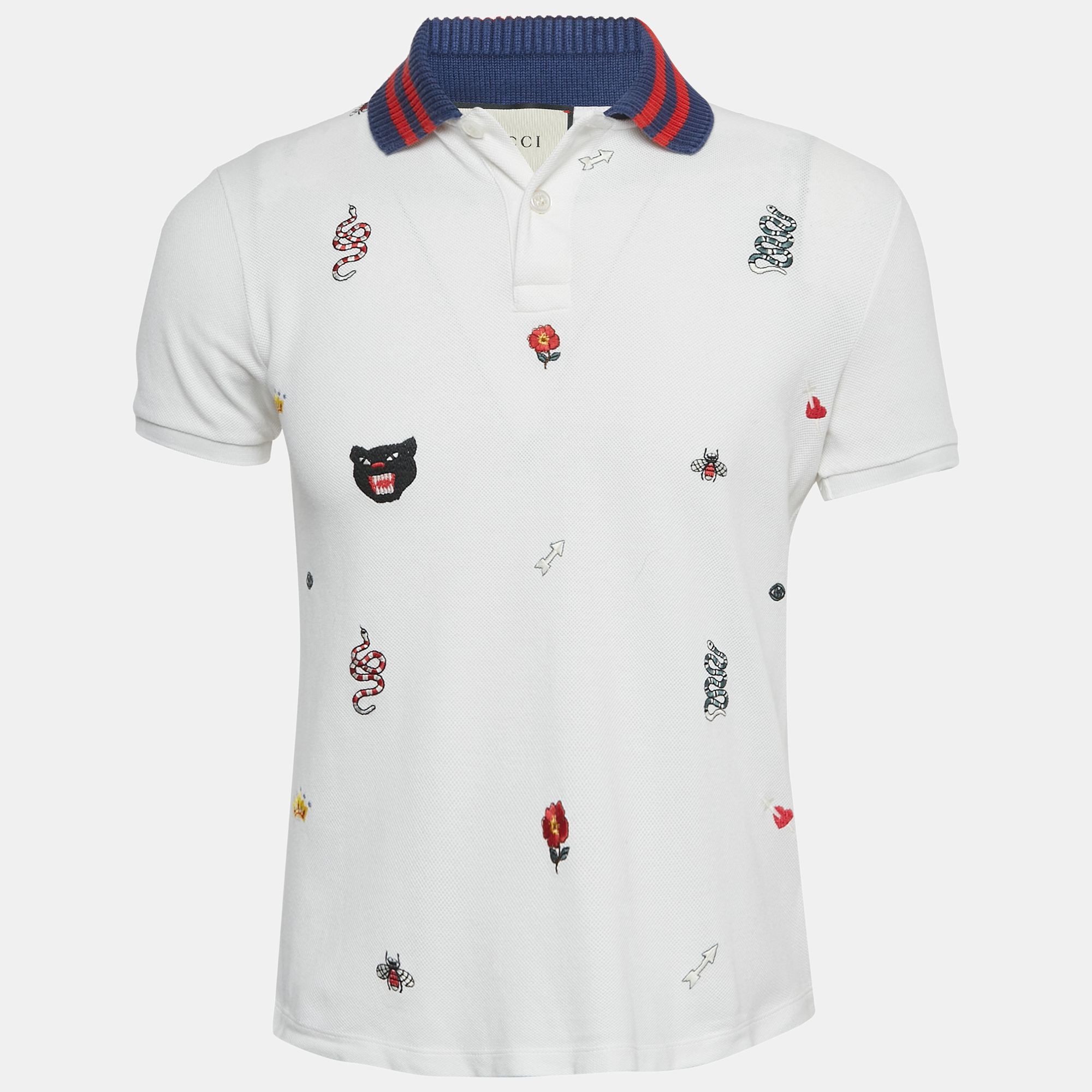 

Gucci White Embroidered Cotton Rib Collar Polo T-Shirt S