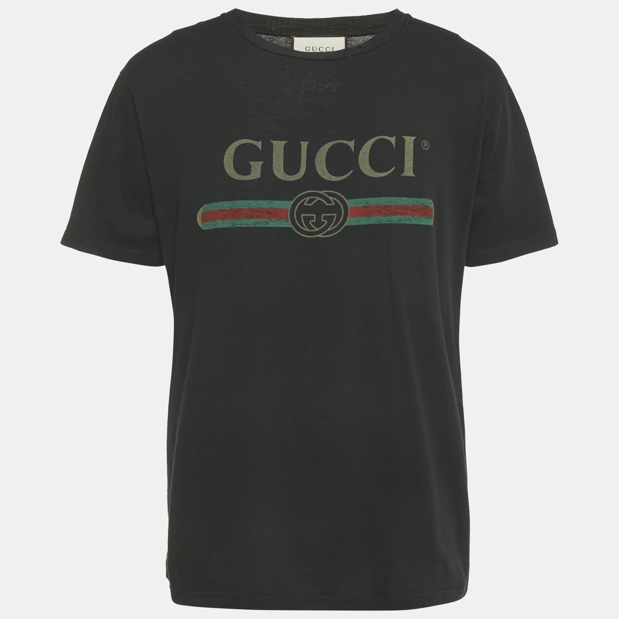Gucci Black Logo Print Distressed Cotton Crew Neck T-Shirt S