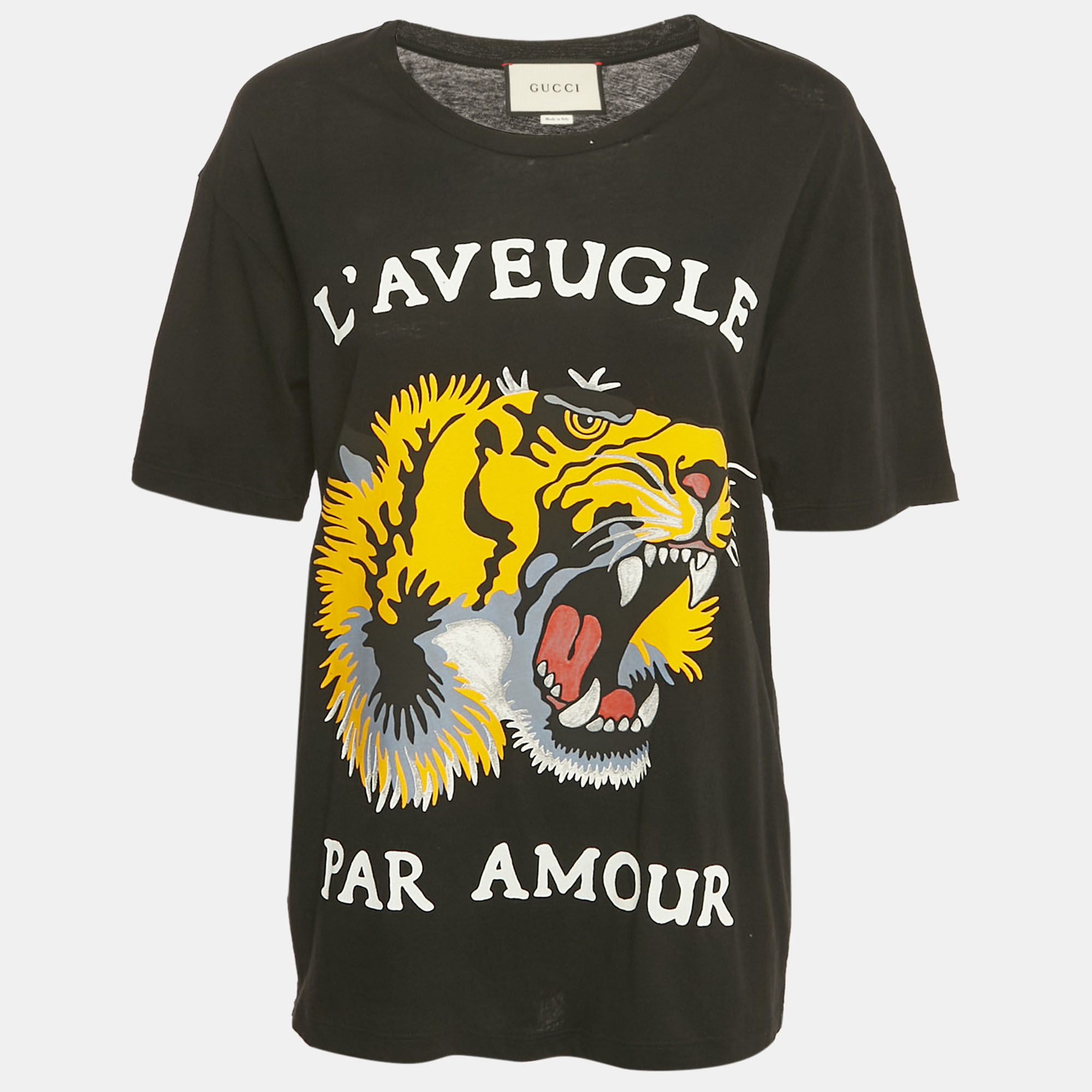 

Gucci Black L'Aveugle Par Amour Tiger Print Cotton Distressed T-Shirt XS