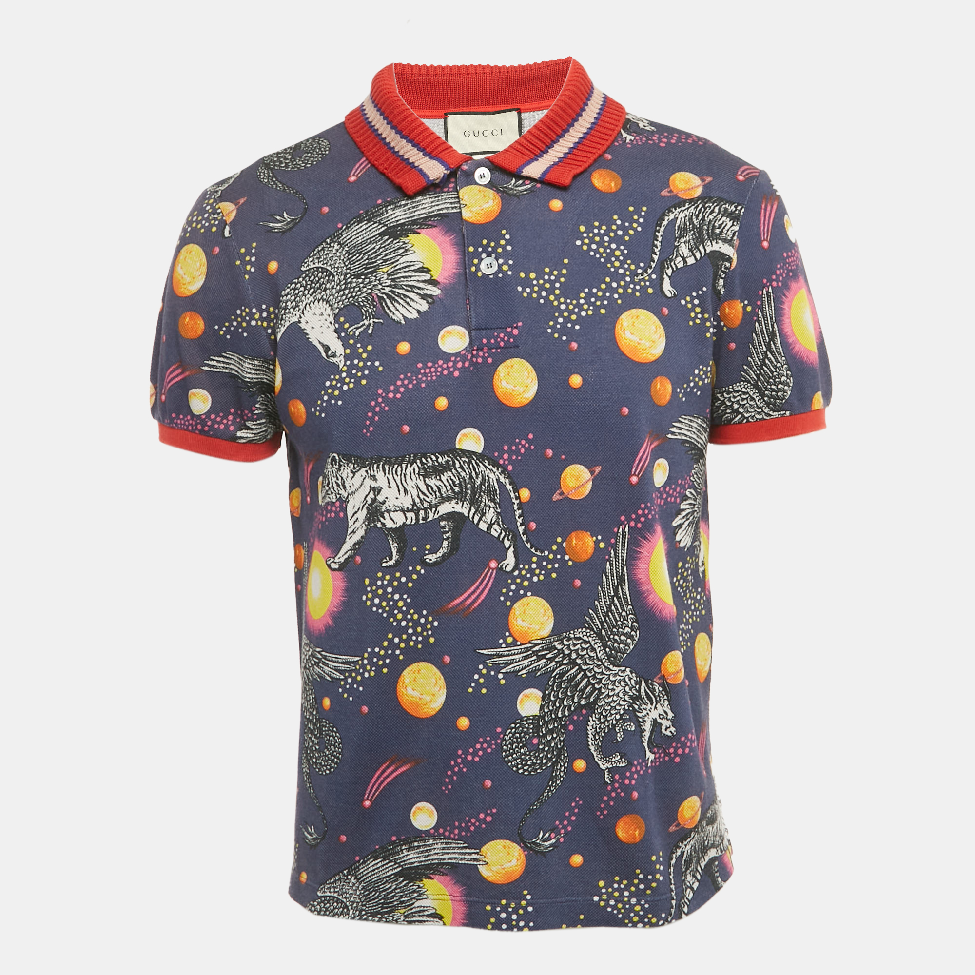 

Gucci Blue Space Print Pique Rib Collar Polo T-Shirt M
