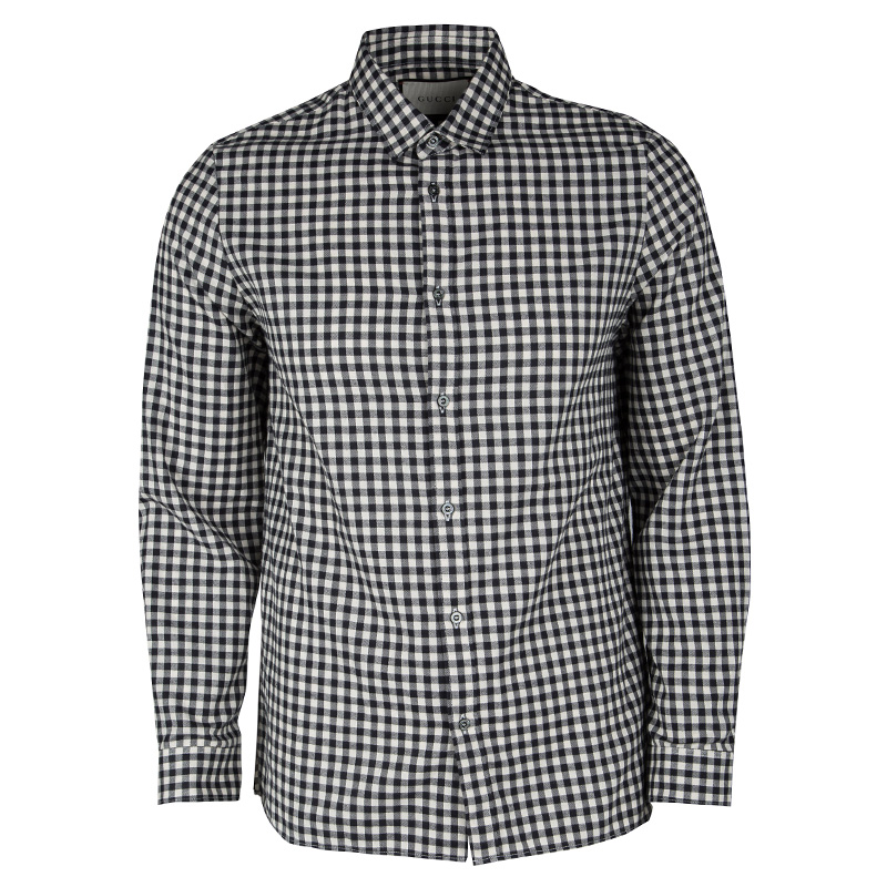 Gucci Monochrome Gingham Checked Cotton Long Sleeve Button Front Shirt M