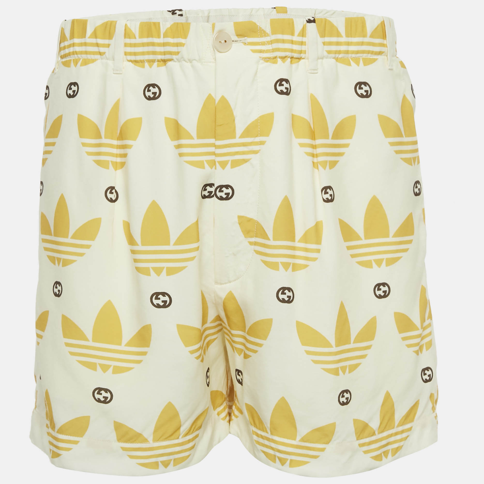 Pre-owned Gucci X Adidas Cream/yellow Monogram Print Viscose Shorts S In White