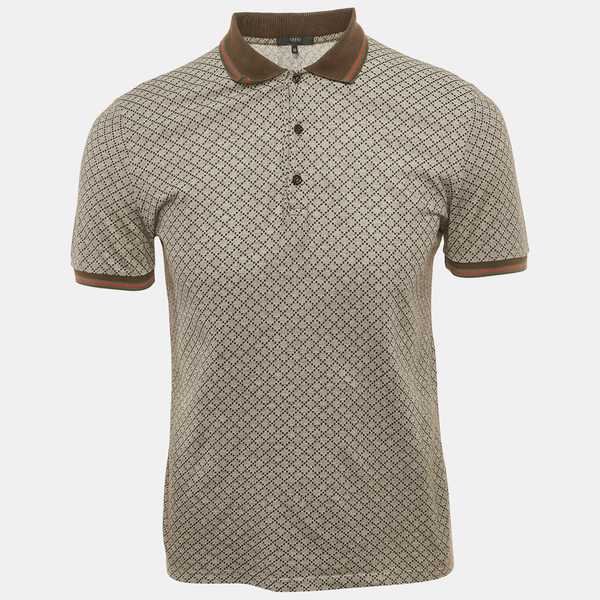 Gucci Brown Diamond Patterned Cotton Polo T-Shirt M