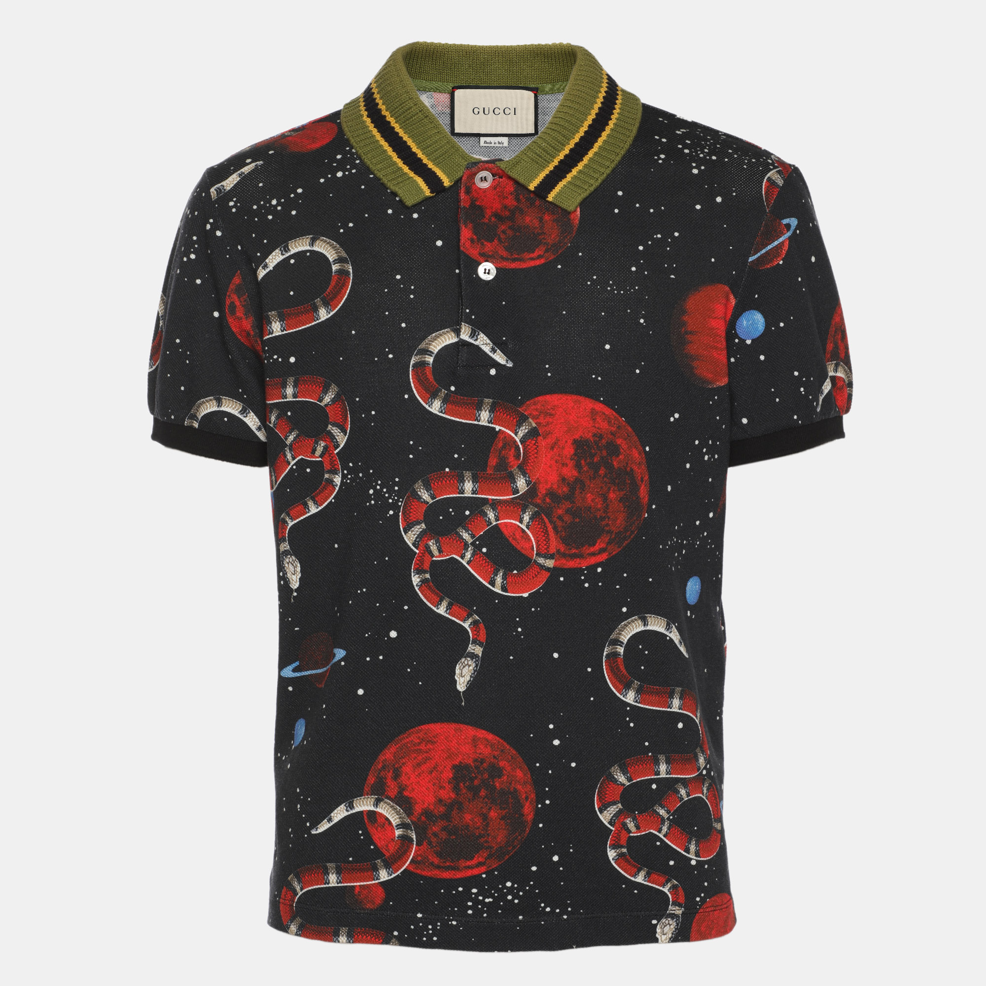 Gucci Navy Blue Space and Snake Printed Cotton Polo T-Shirt M
