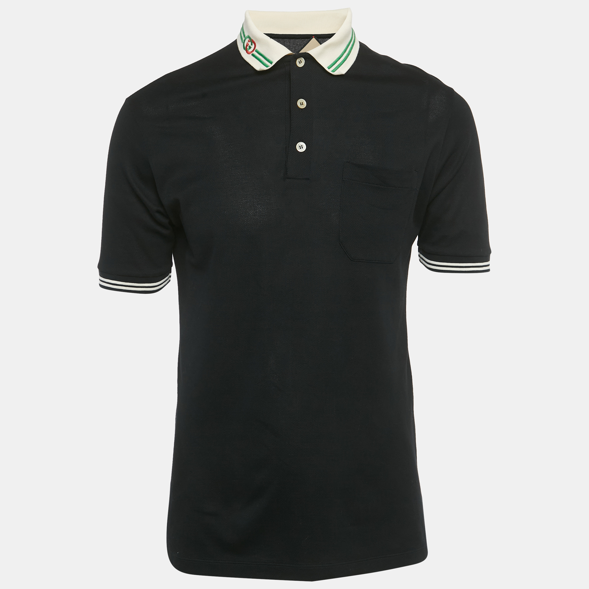Gucci Black Pique Web Collar Polo T-Shirt M