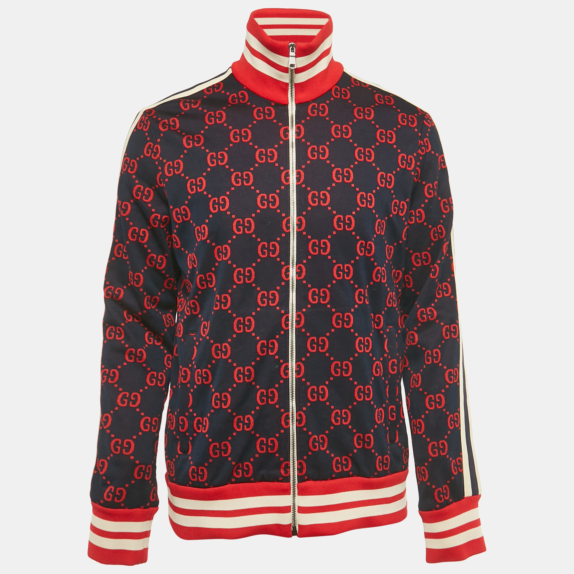 

Gucci Navy Blue GG Jacquard Cotton Knit Zip-Up Jacket XL