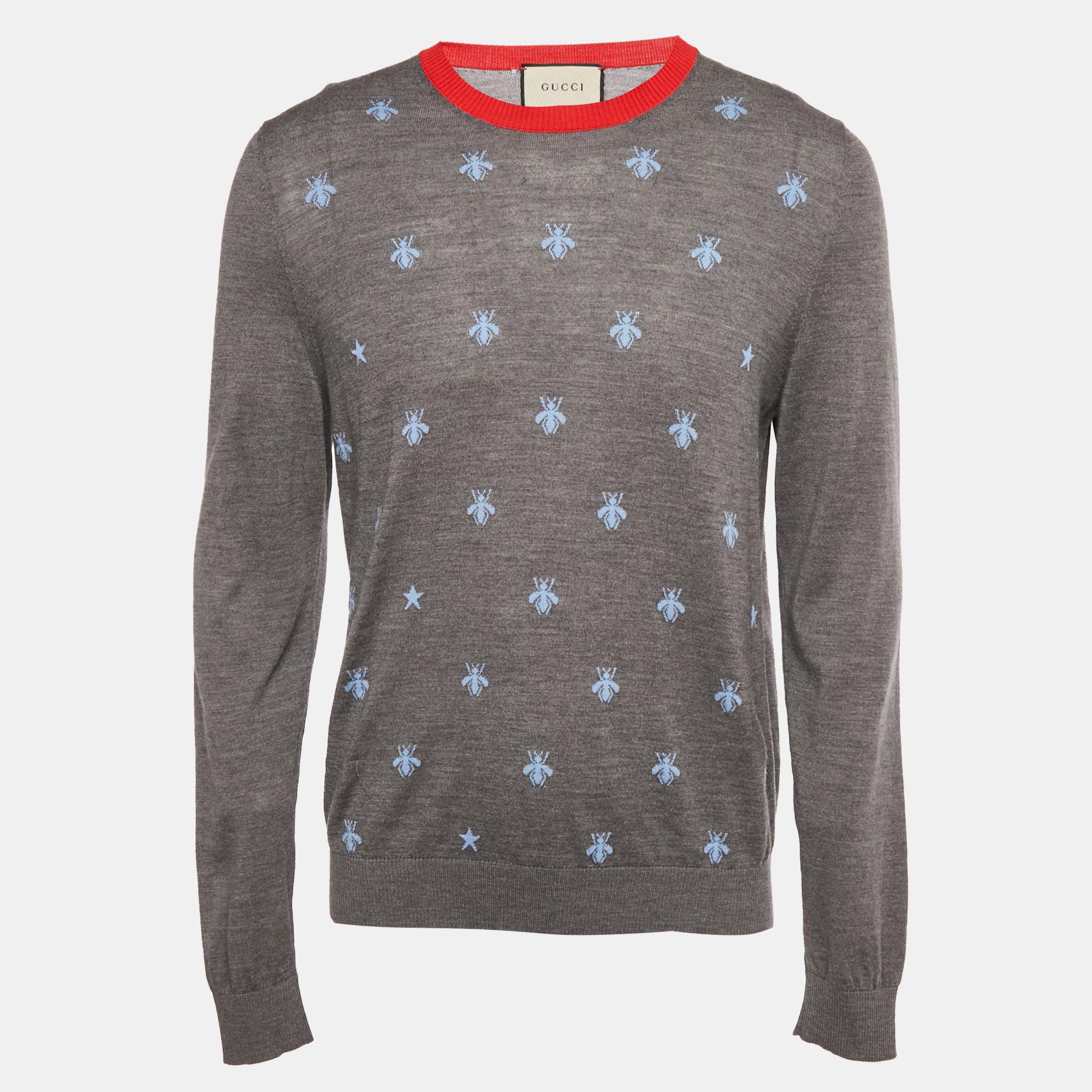 

Gucci Grey Bee Intarsia Wool Knit Crew Neck Sweater XL