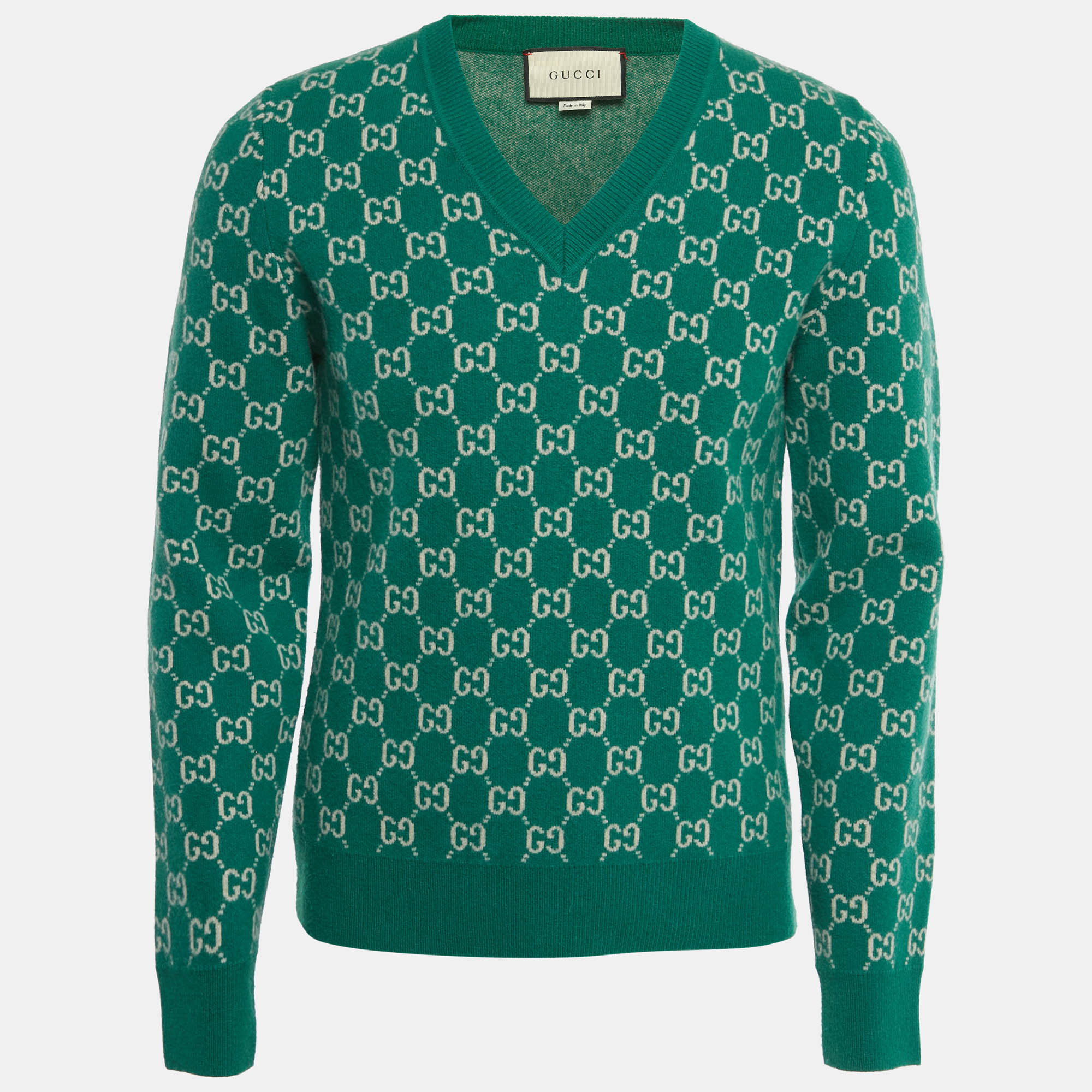 

Gucci Green GG Jacquard Wool V-Neck Sweater S