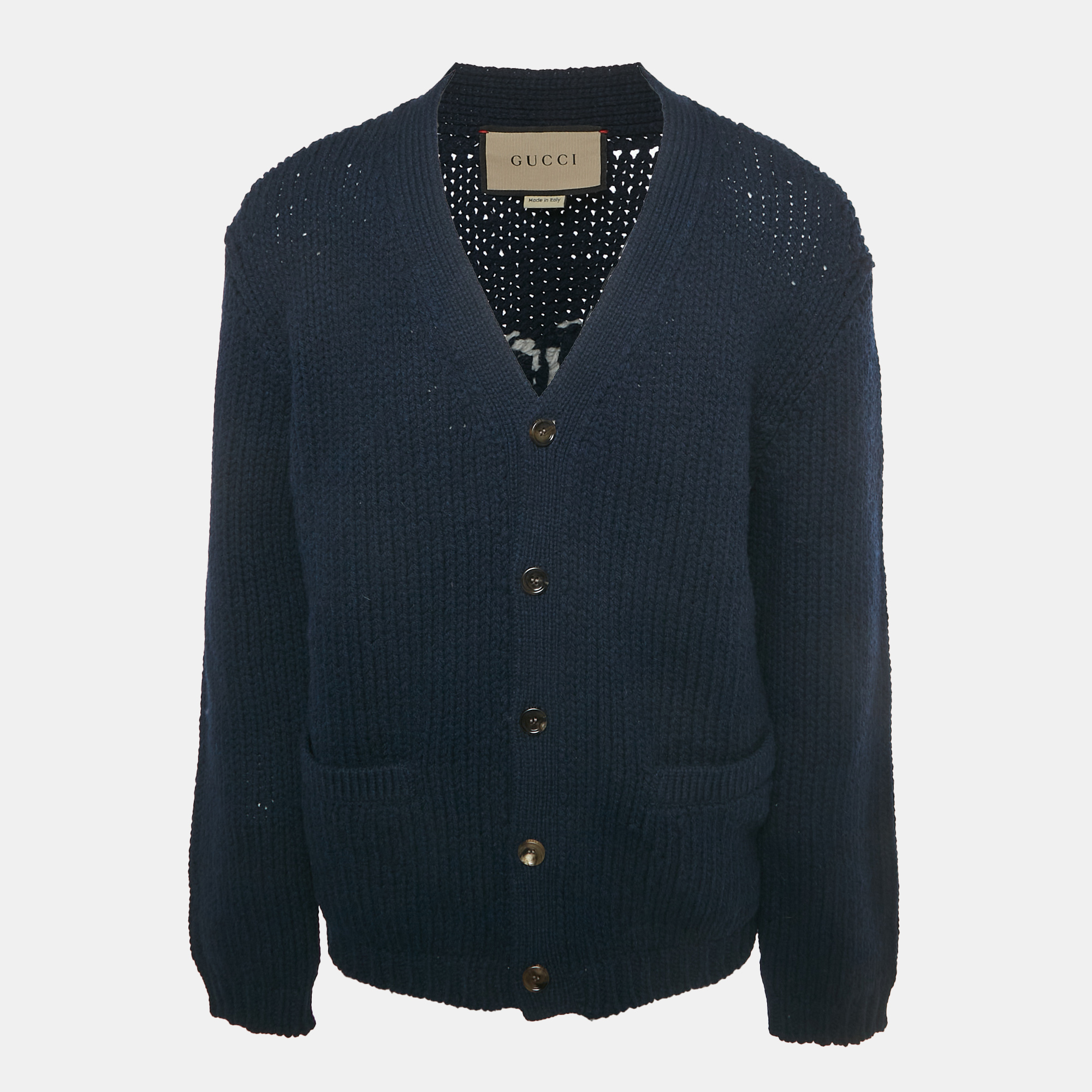 

Gucci Navy Blue Logo Intarsia Cable Knit Cardigan L