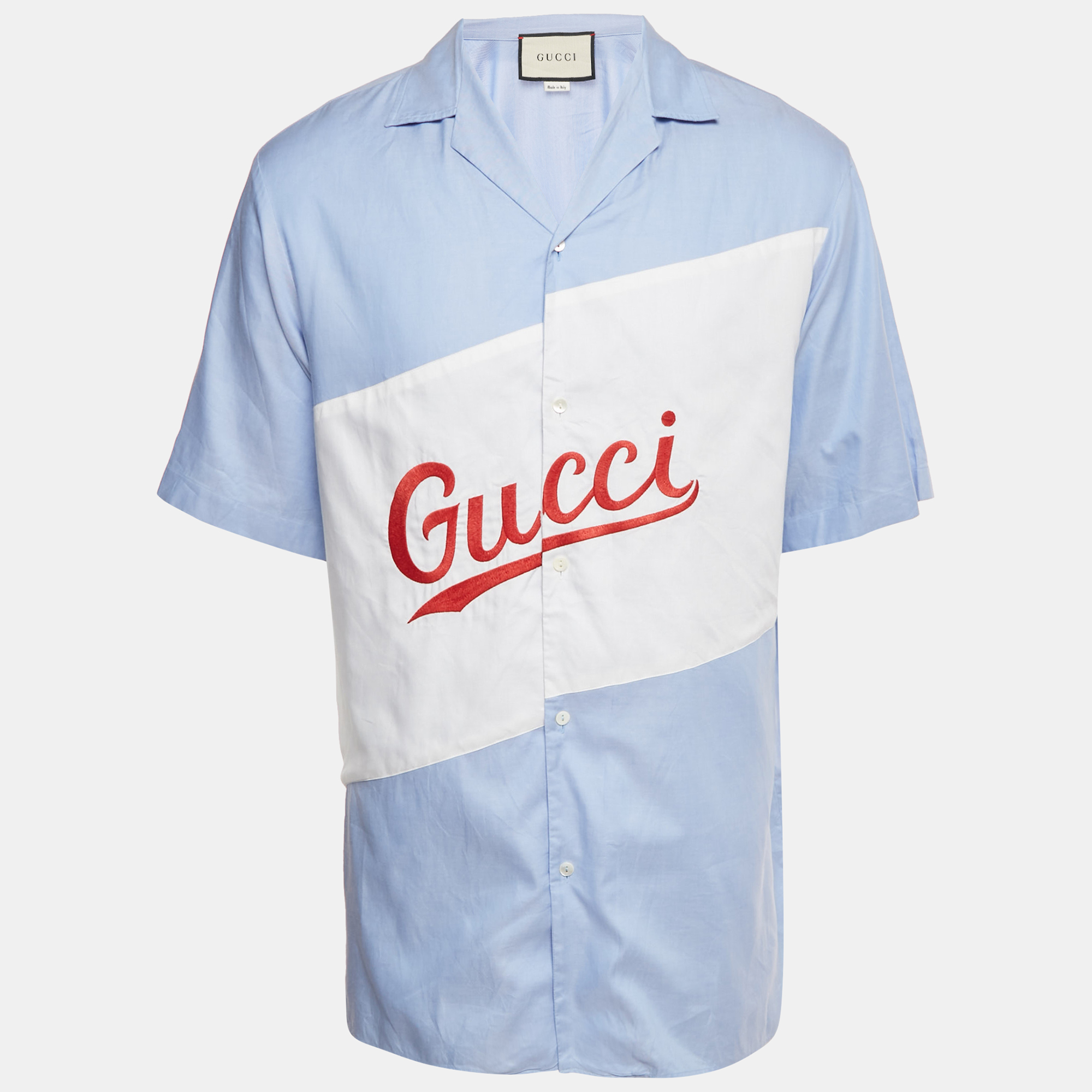 

Gucci Light Blue Logo Embroidered Cotton Oversized Script Bowling Shirt M