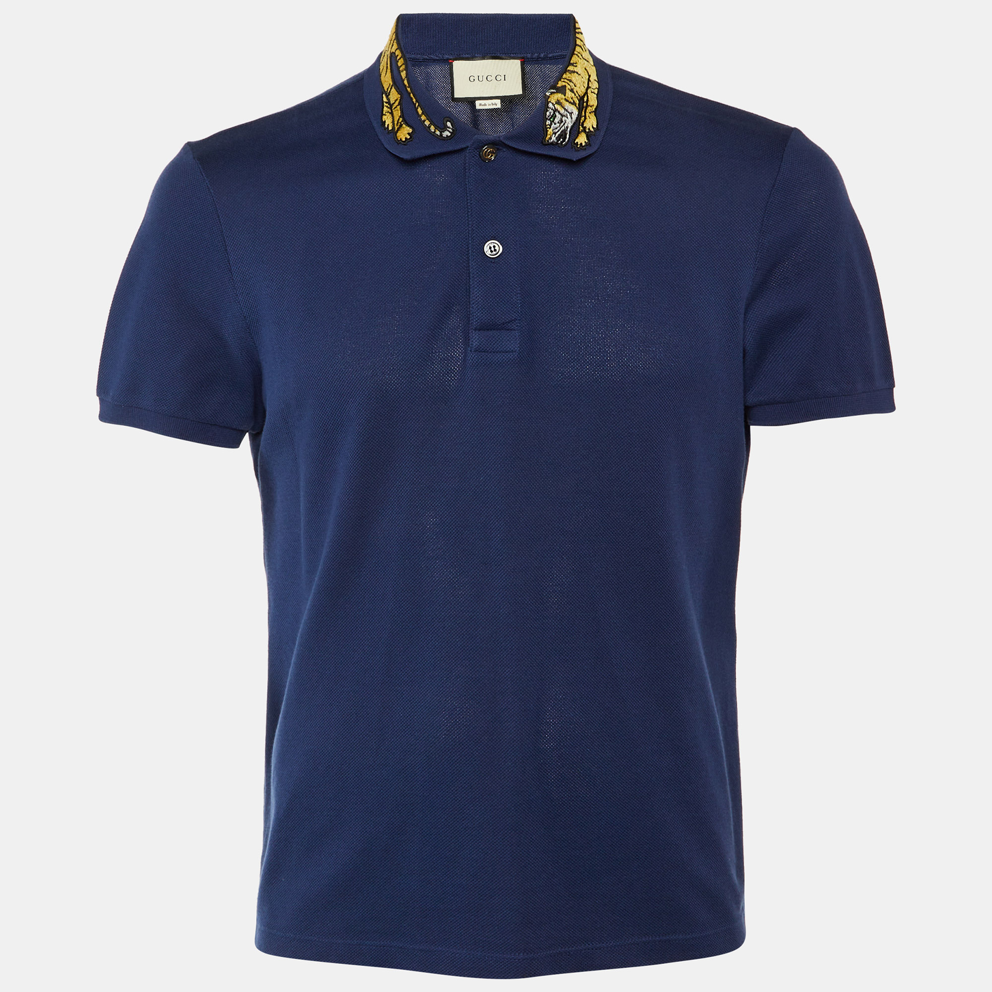 

Gucci Navy Blue Cotton Tiger Embroidered Collar Polo T-Shirt M