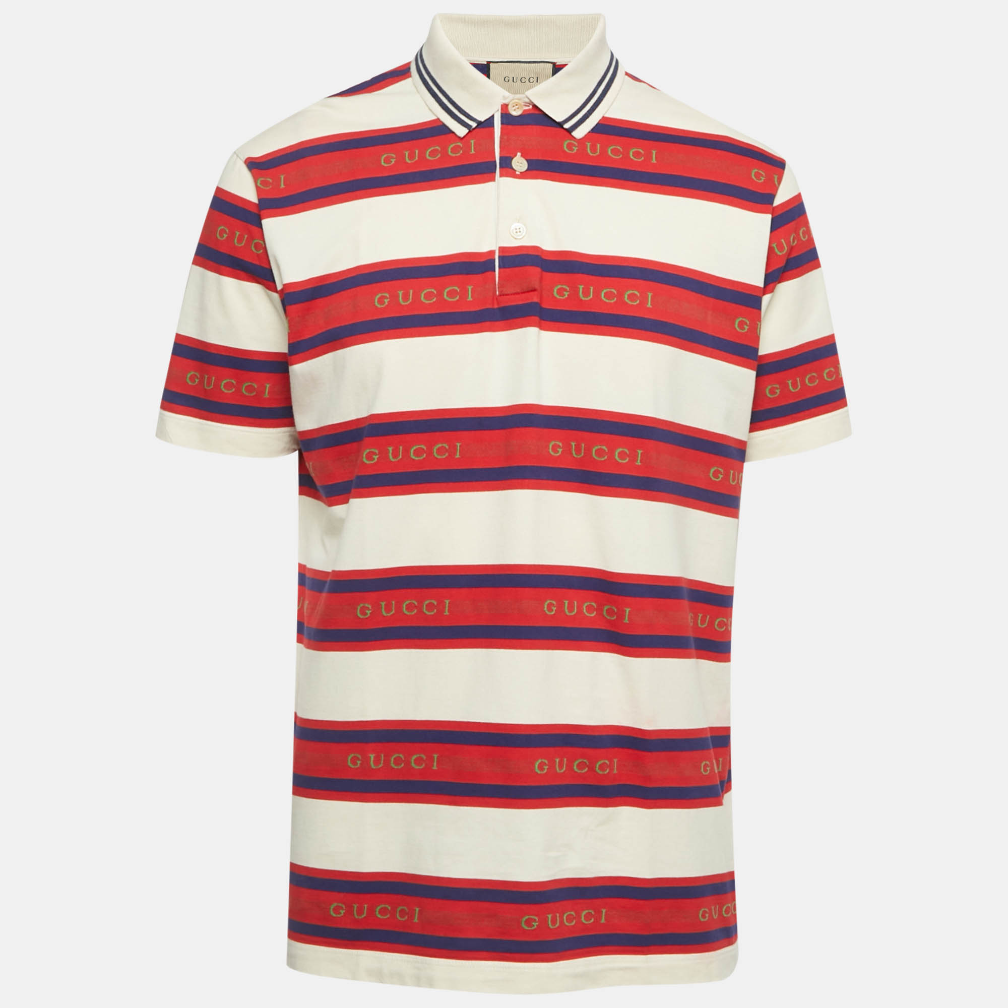 

Gucci Red & Cream Logo Jacquard Striped Polo T-Shirt L