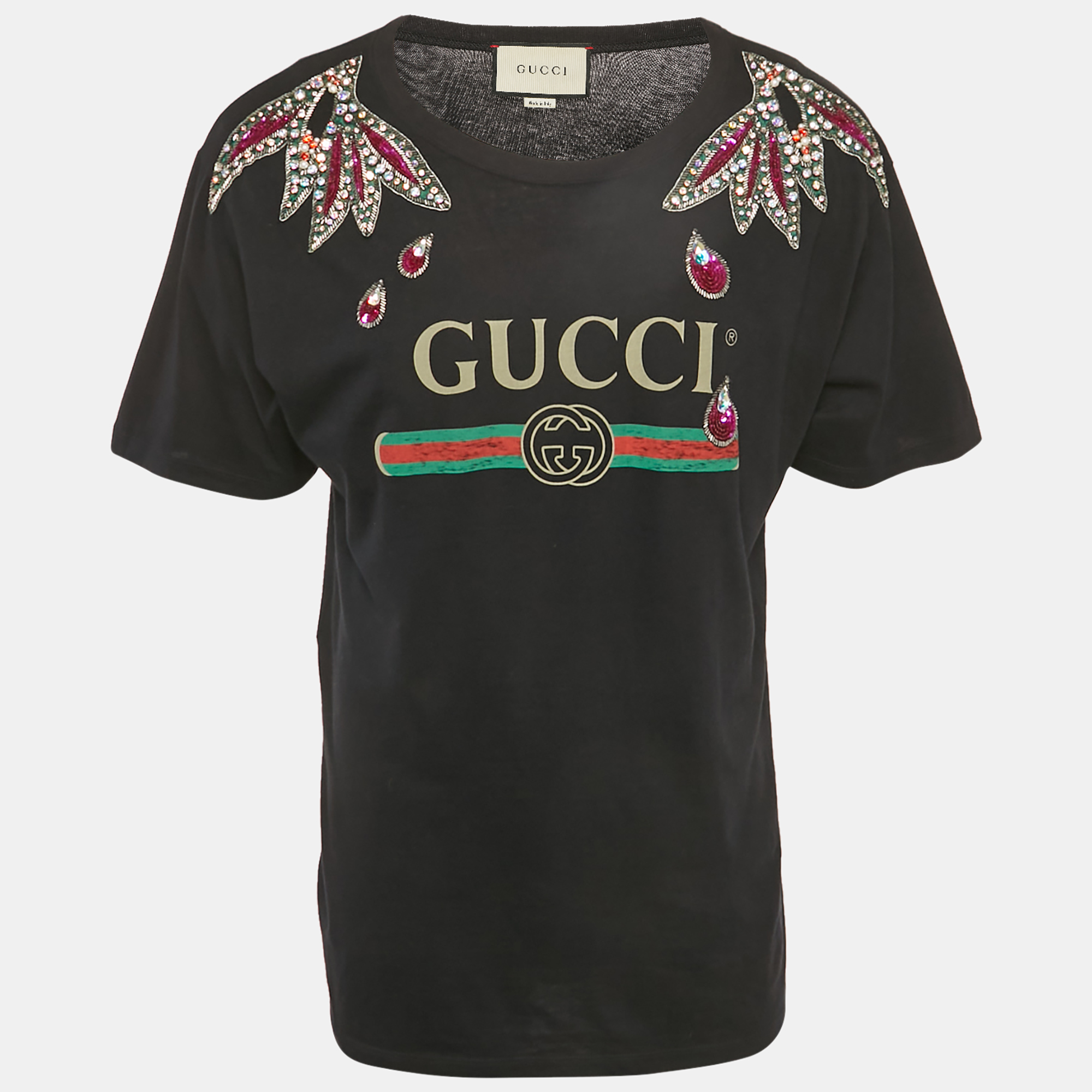 

Gucci Black Vintage Print Jersey Sequin Embellished T-Shirt L