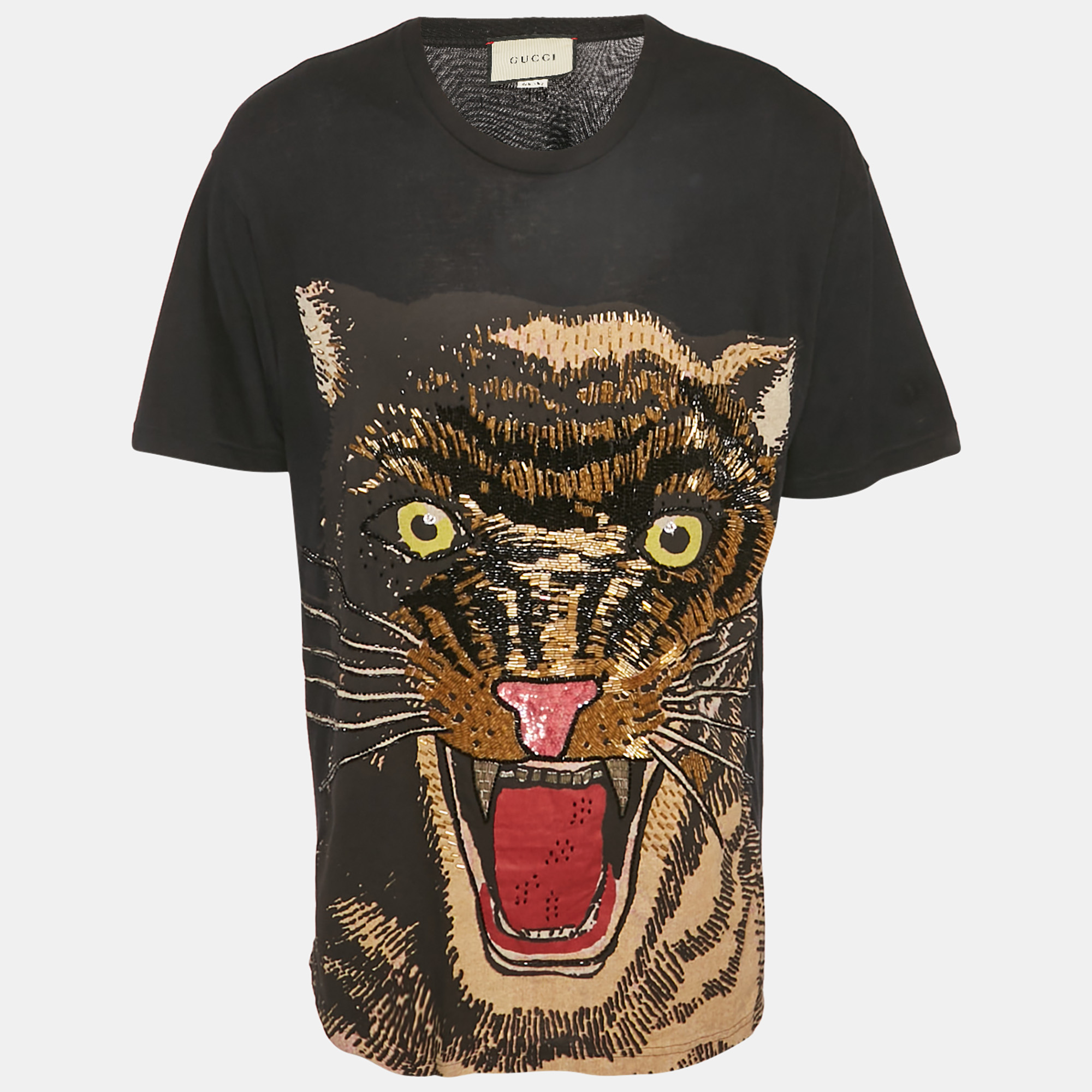 

Gucci Black Tiger Print Jersey Embellished T-Shirt M