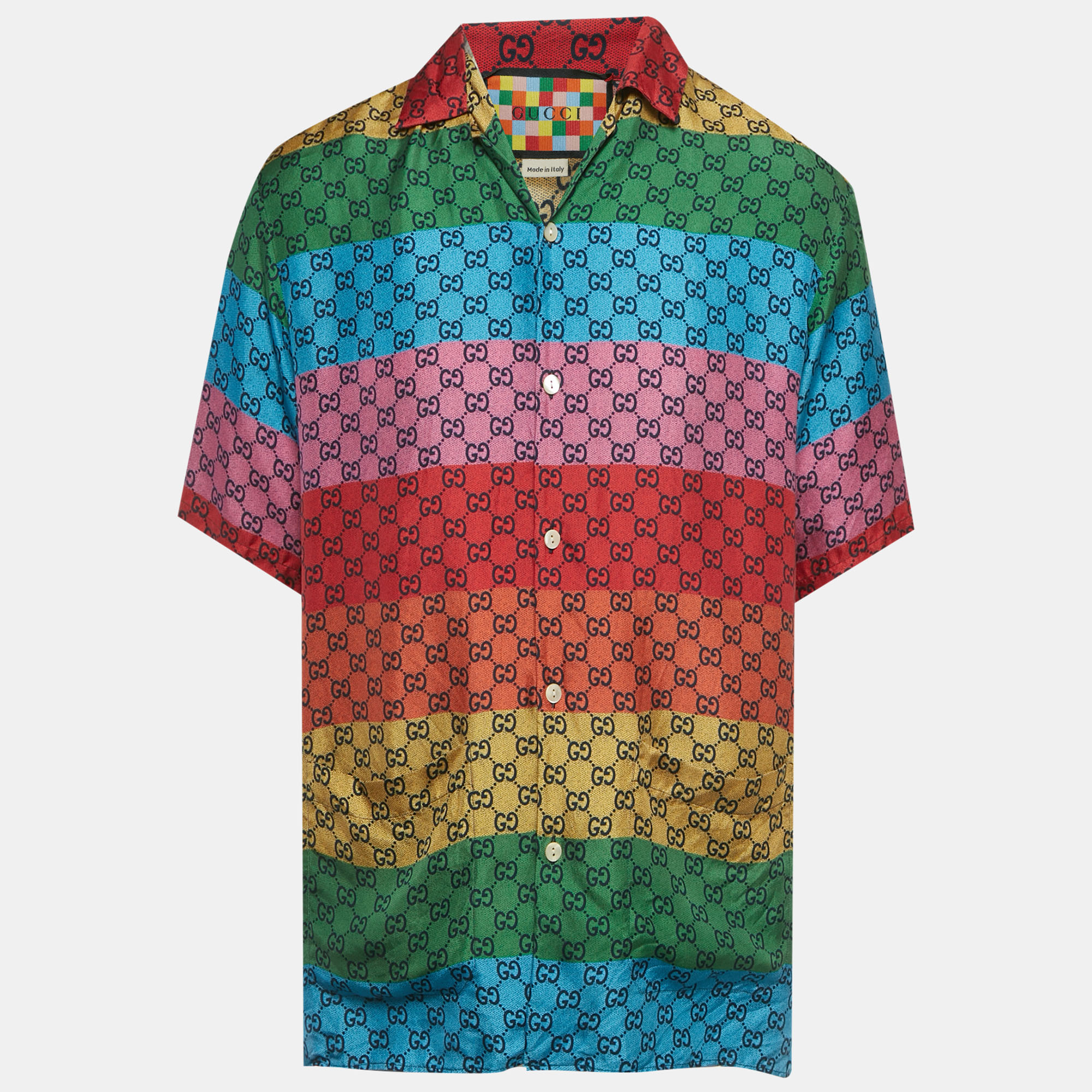 

Gucci Multicolor Logo Printed Silk Short Sleeve Shirt L