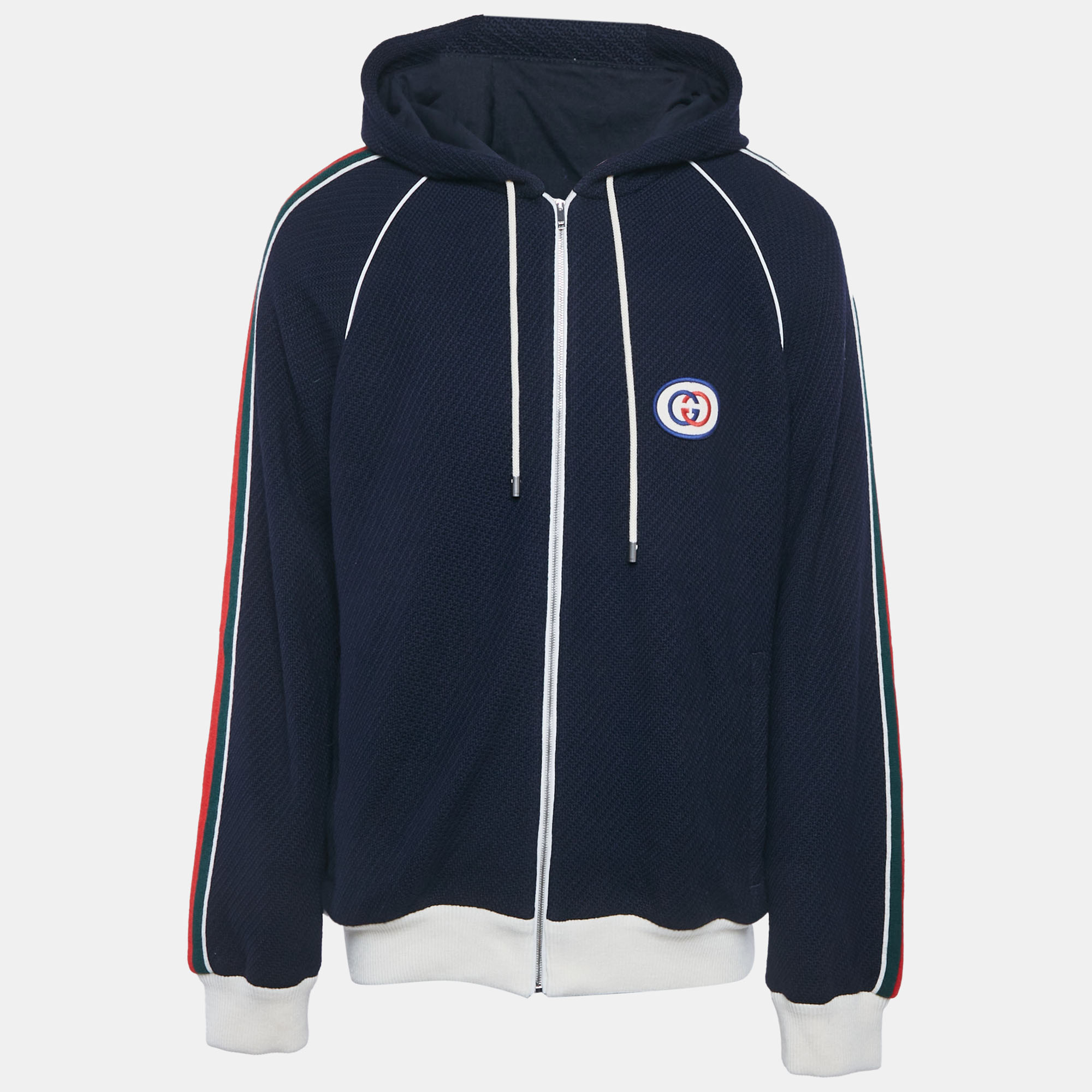 

Gucci Blue Web Trim Textured Knit Hooded Jacket XL