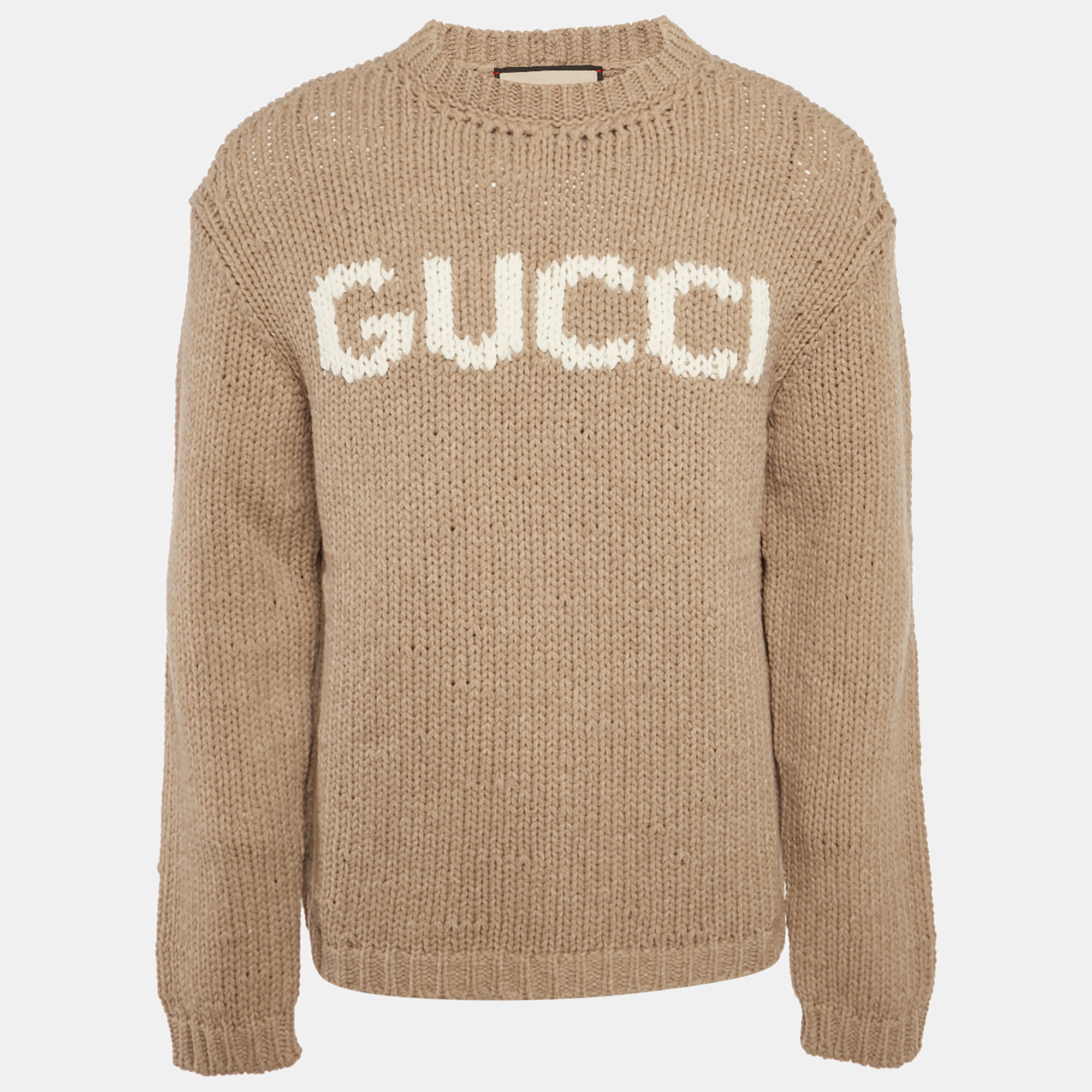 

Gucci Brown Logo Intarsia Rib Knit Sweater L, Beige