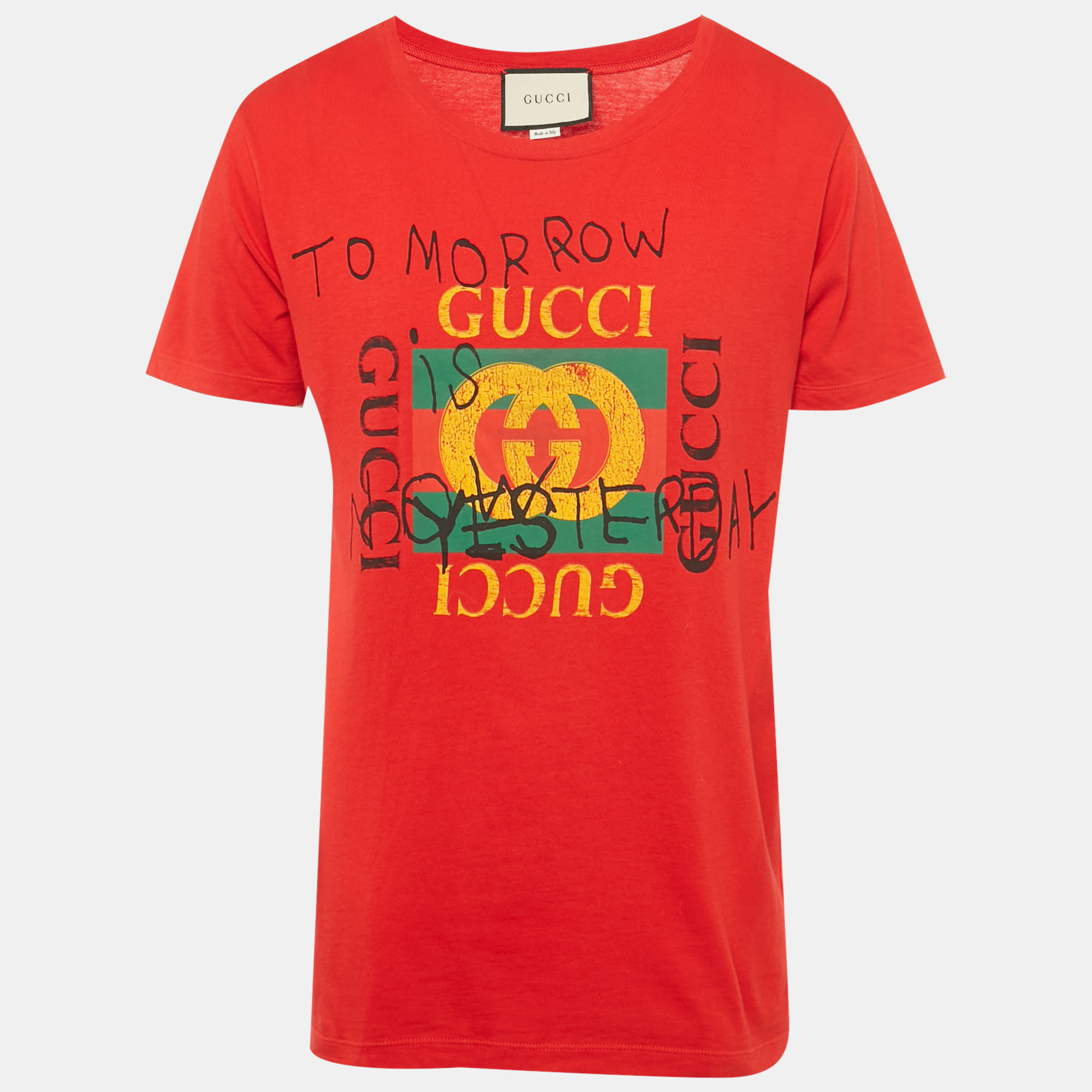

Gucci Red Jersey Tomorrow Is Now Yesterday Print T-Shirt S