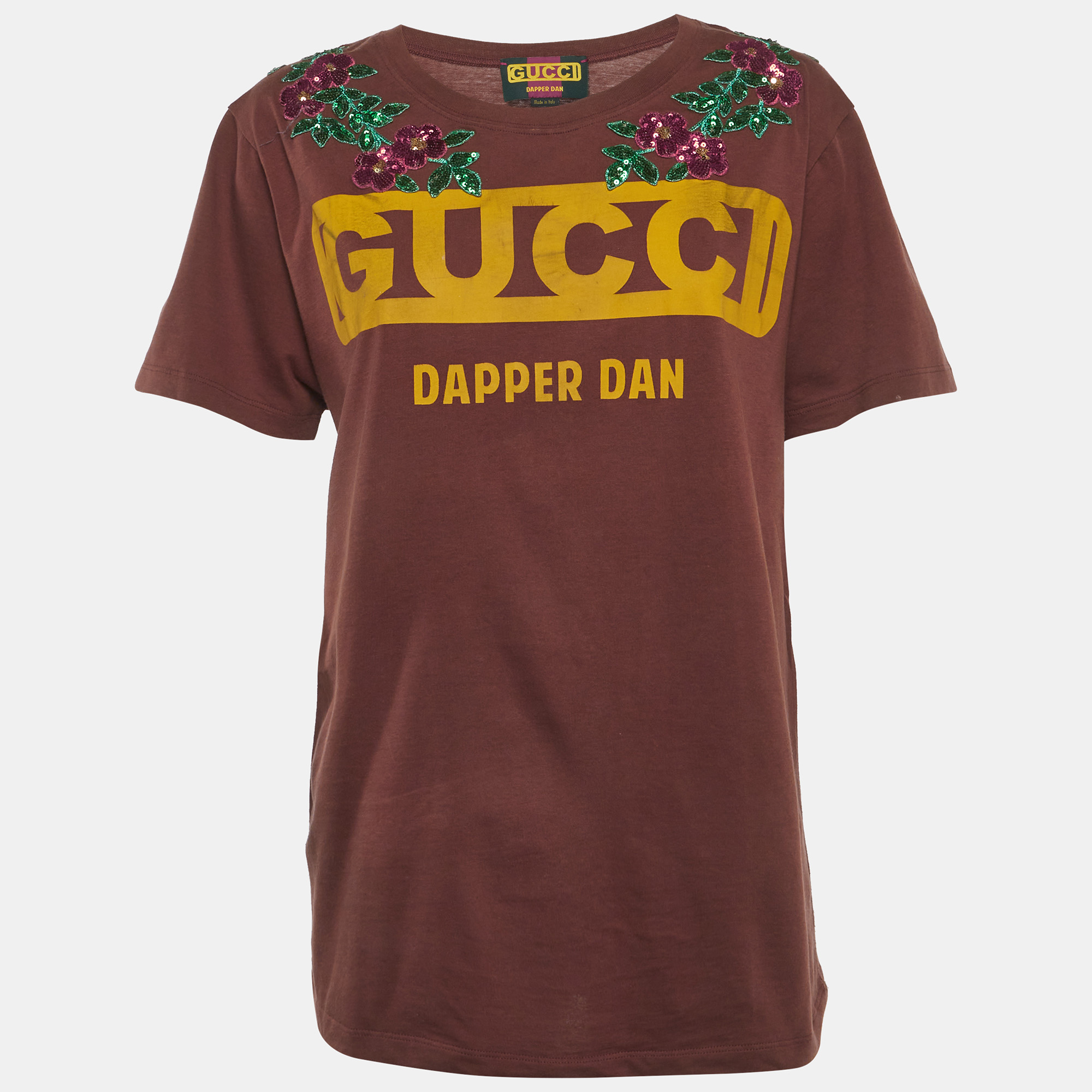 

Gucci Dapper Dan Brown Logo Print Jersey Sequin T-Shirt XS