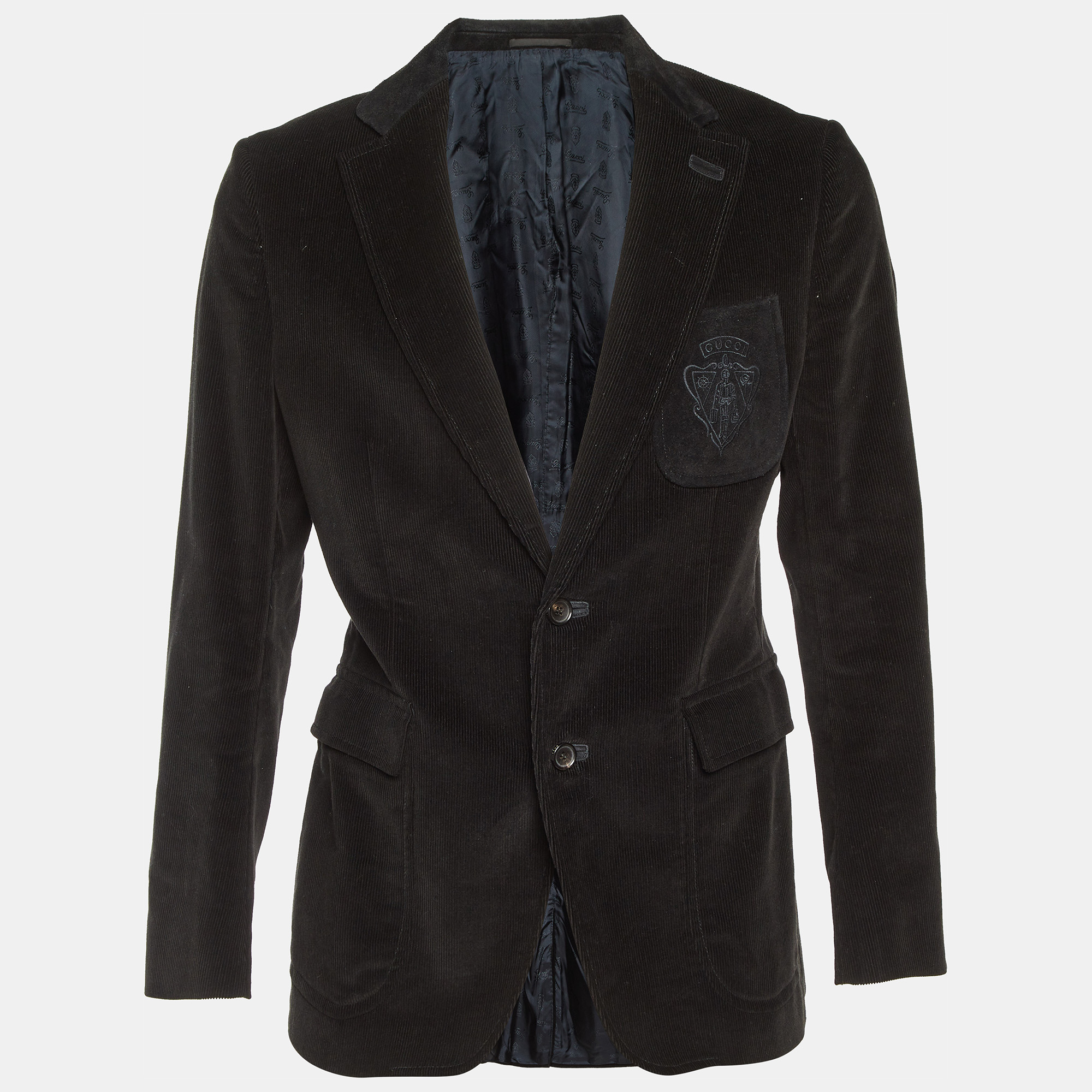 

Gucci Black Corduroy Logo Pocket One Buttoned Blazer L