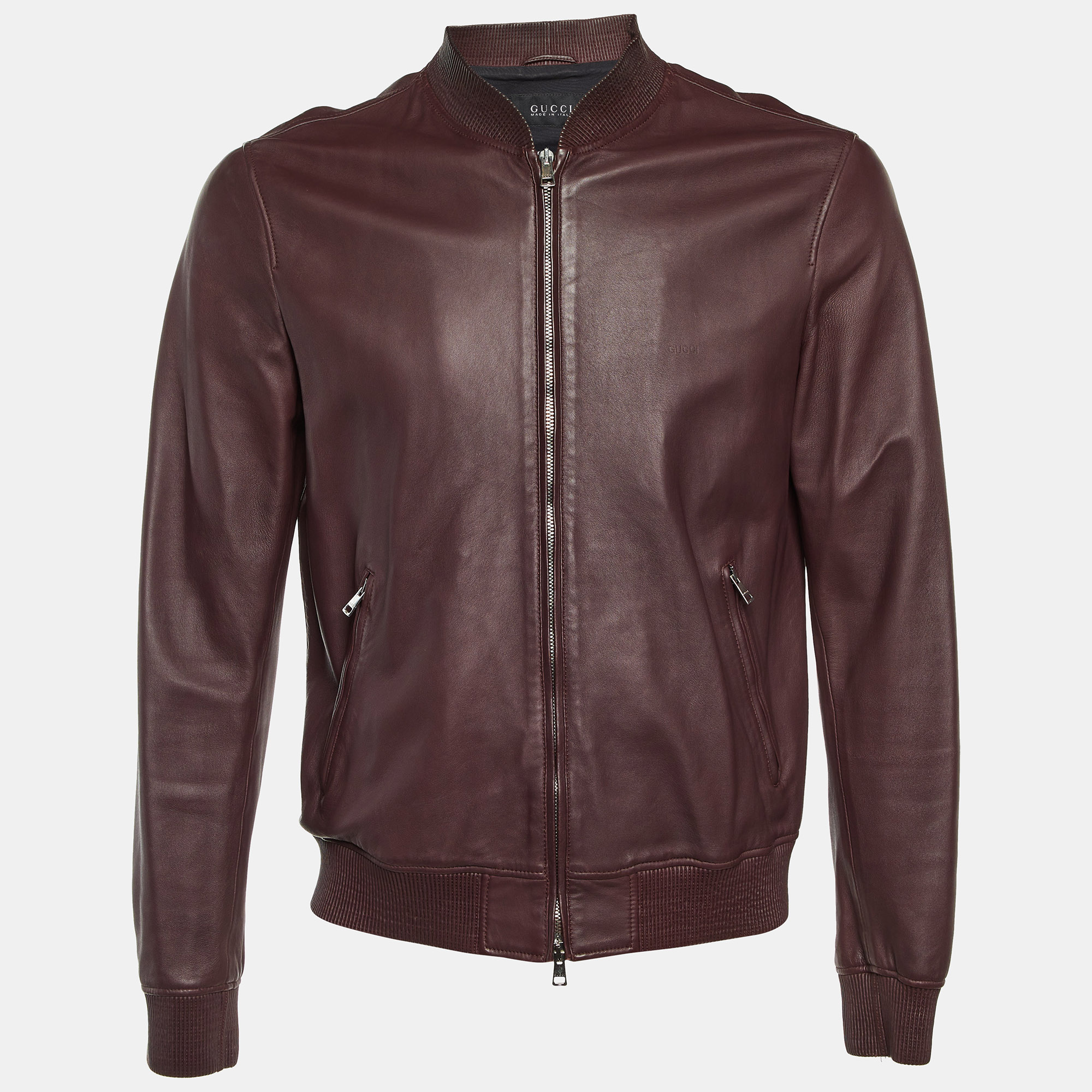 

Gucci Burgundy Leather Zip Up Bomber Jacket M