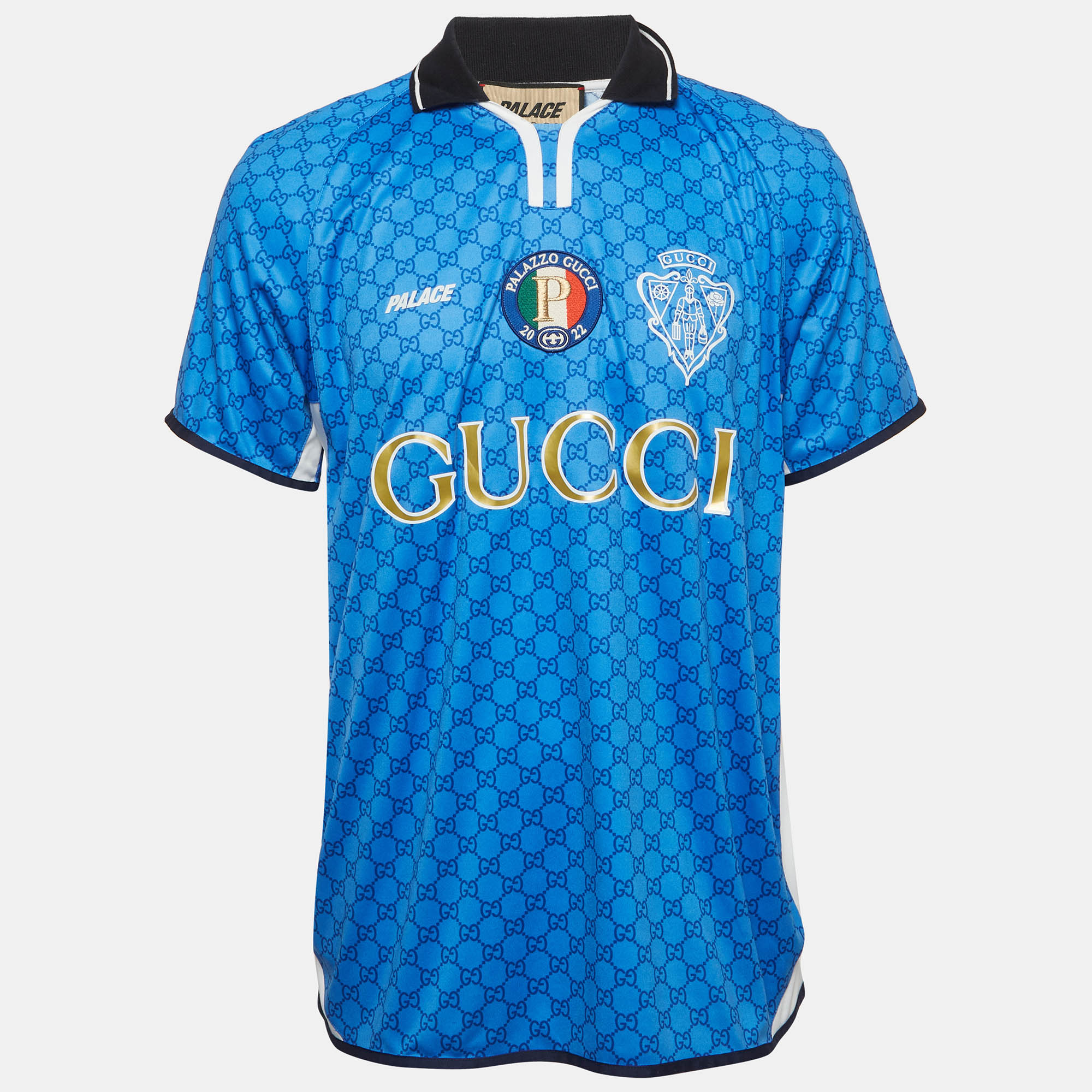 

Gucci X Palace Blue All Over GG Logo Print Jersey Polo T-Shirt L