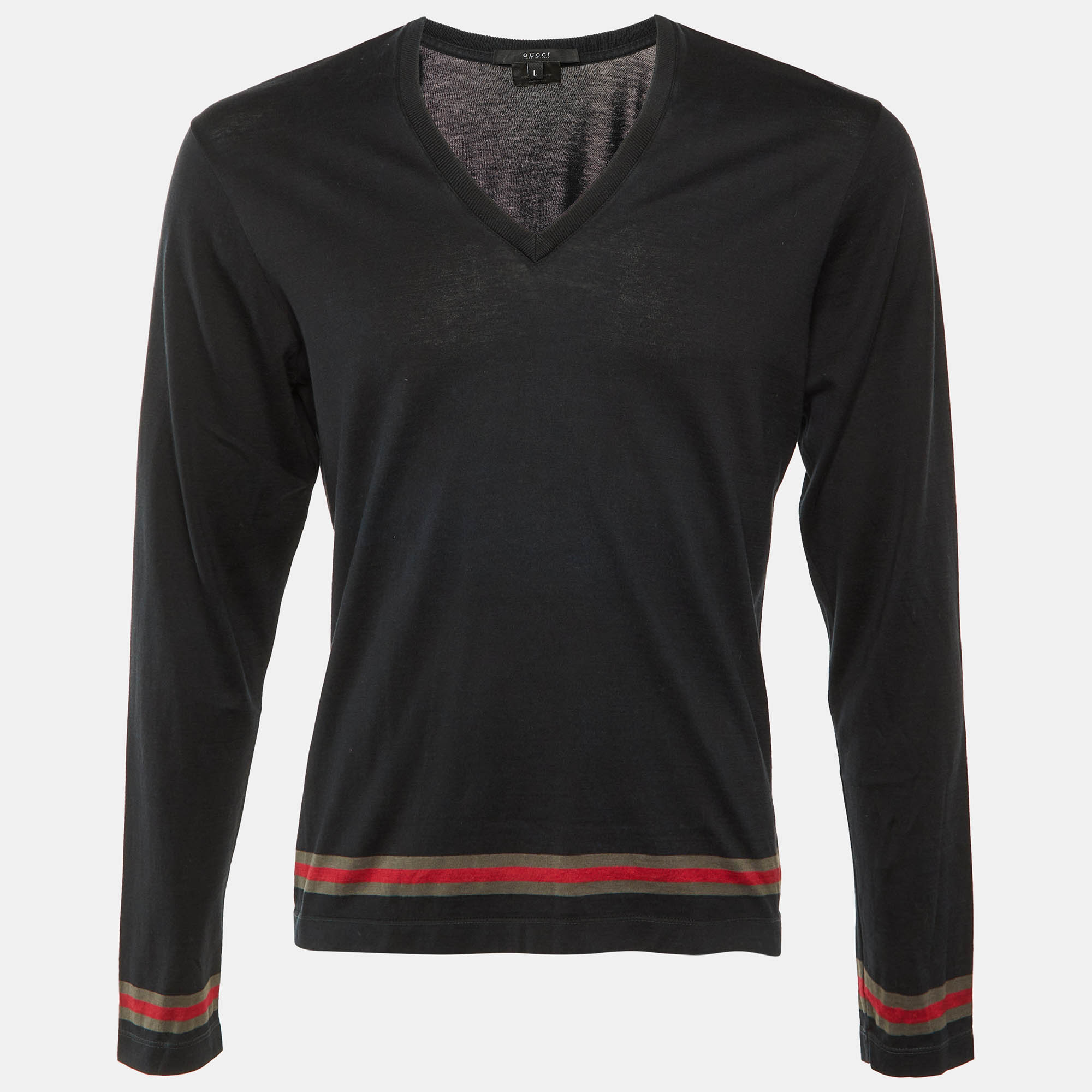 

Gucci Black Cotton Web Striped V-Neck Long Sleeve T-Shirt L