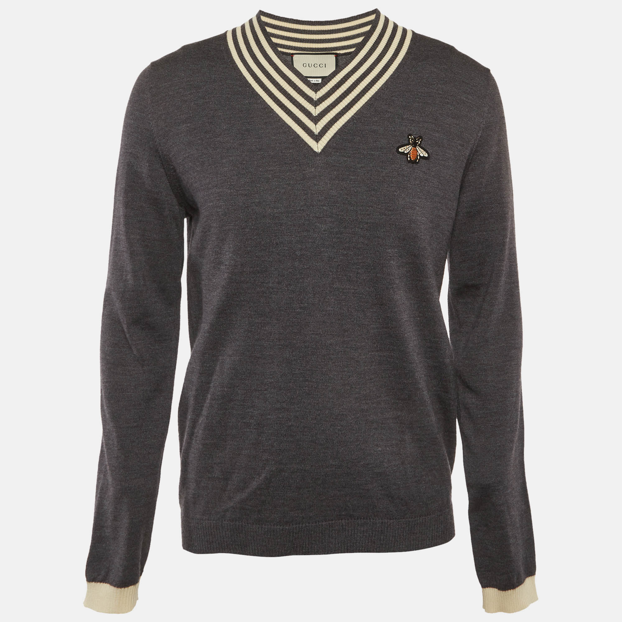 

Gucci Grey Wool Knit Bee Applique V-Neck Sweater L