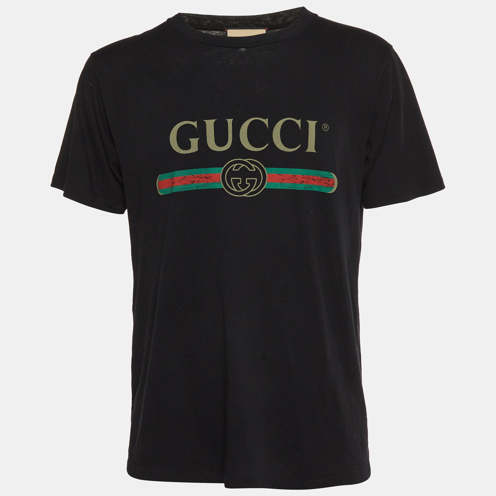 

Gucci Black Logo Print Jersey Distressed Crewneck T Shirt S