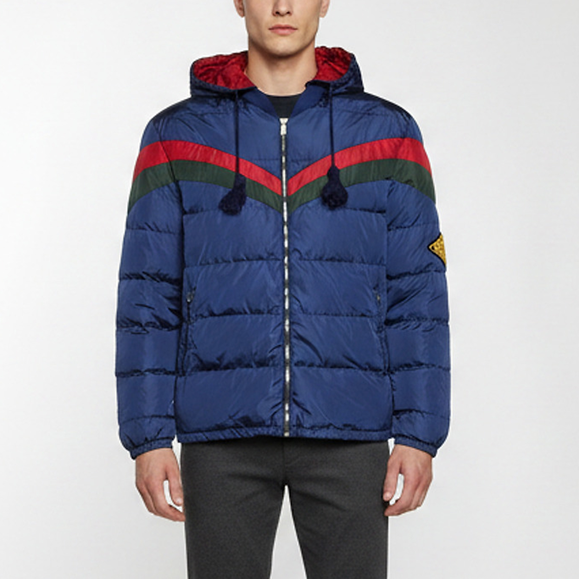 

Gucci Navy Blue Red/Green Chevron Stripe Nylon Quilted Down Jacket XL