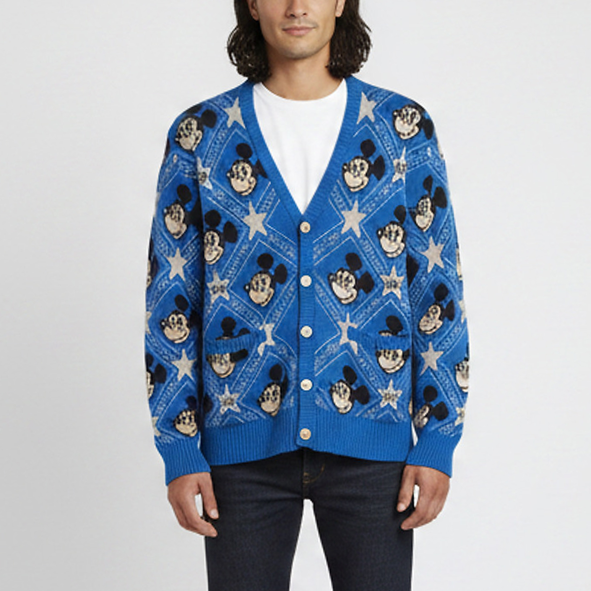 

Gucci X Disney Blue Mickey Mouse Jacquard Knit V-Neck Cardigan L