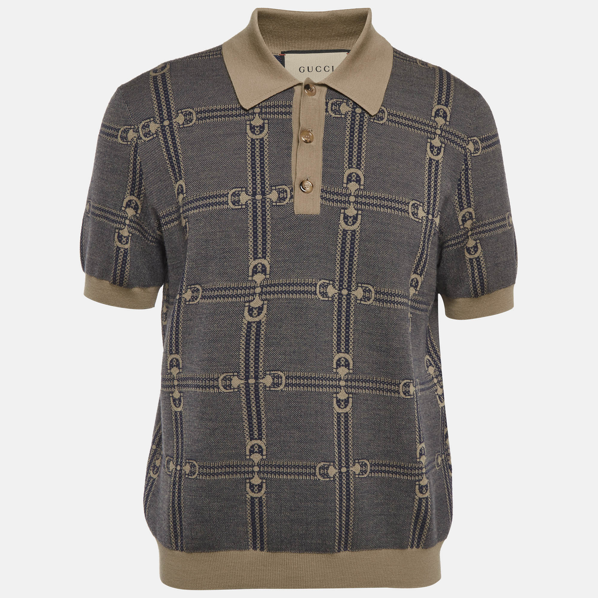 

Gucci Blue/Beige Horsebit Jacquard Knit Polo T-Shirt L
