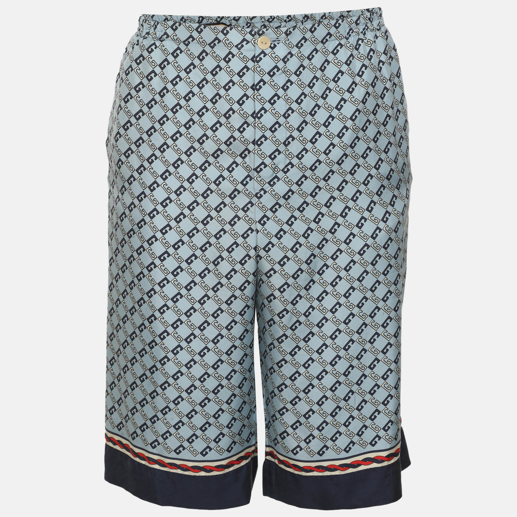 Pre-owned Gucci Blue Gg Rhombus Print Satin Shorts L