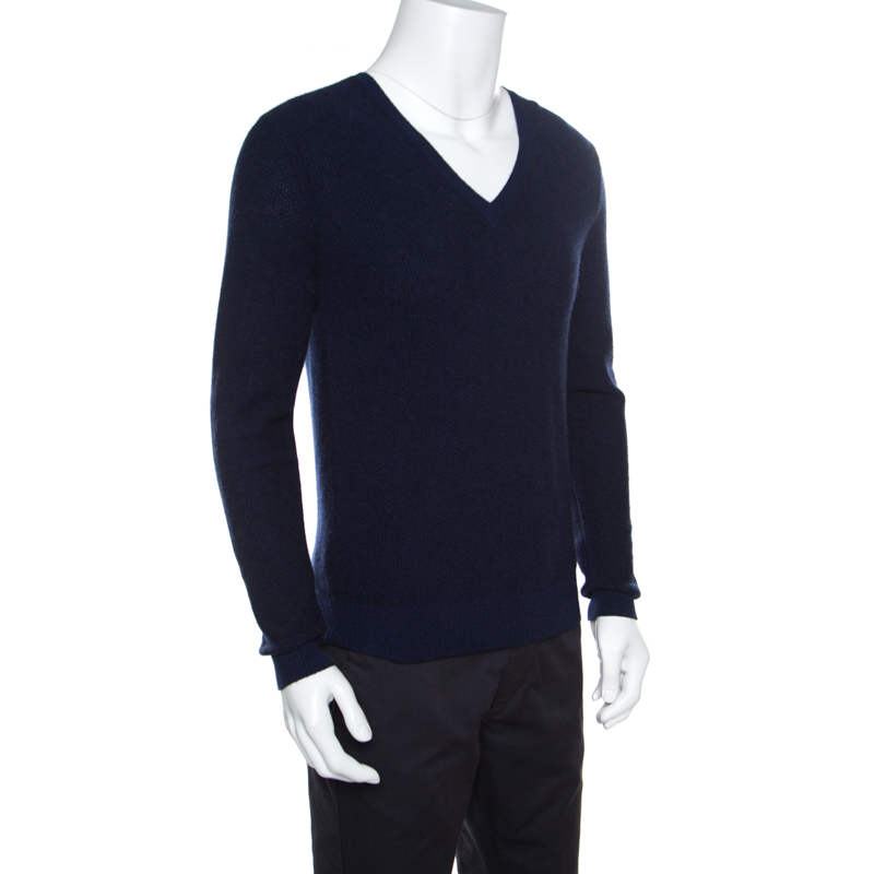 

Gucci Dark Blue Textured Wool V Neck Sweater