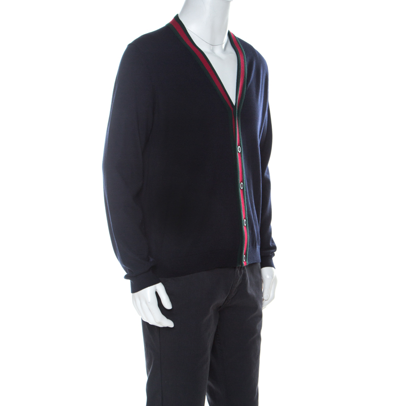 

Gucci Ink Blue Wool Web Stripe Detail Open Front Cardigan