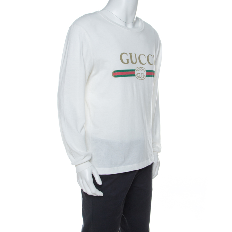 

Gucci White Logo Print Cotton Dragon Embroidered Long Sleeve T-Shirt