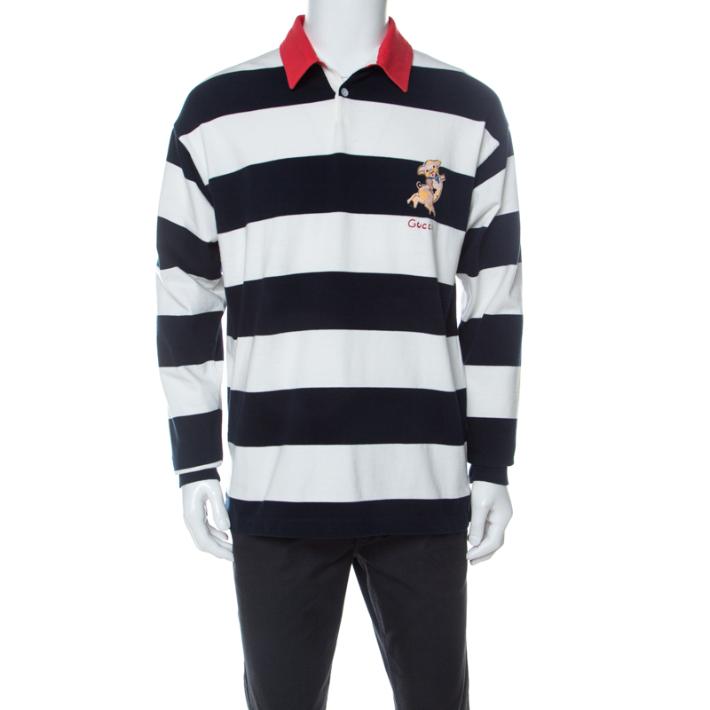 Gucci Navy and White Cotton Appliqued Long Sleeve Polo T-Shirt Gucci |