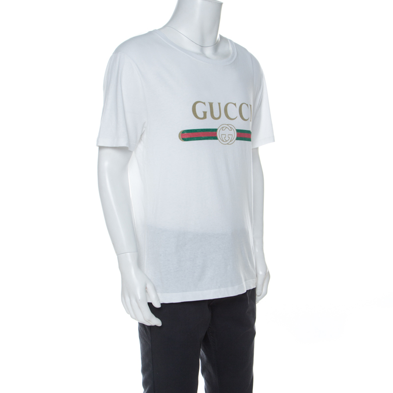

Gucci White Cotton Washed Out Logo Print T-Shirt
